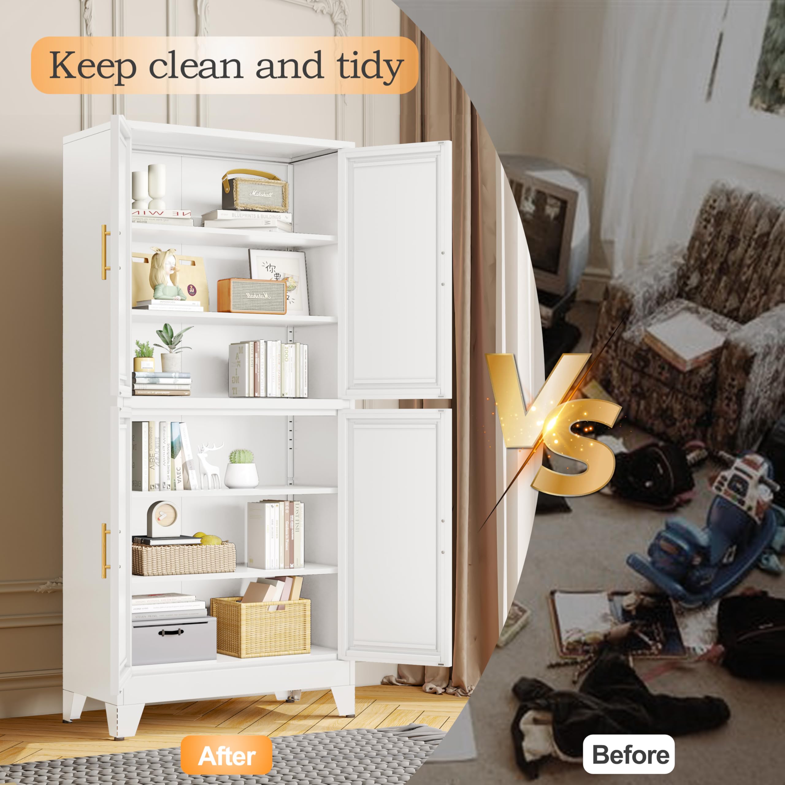 GAIOUS Metal Pantry Cabinet, Kitchen Pantry Storage Cabinets with 2 Door and 3 Adjustable Shelves, White Kitchen Pantry Cabinet, Freestanding Cupboard for Dining Room Living Room Bathroom
