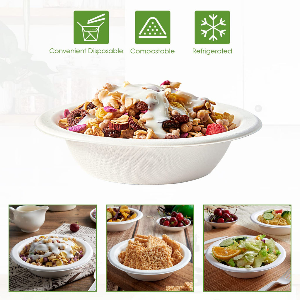 Vplus 200 Pack 16 OZ Paper Bowls, Disposable Compostable Bulk, Eco-friendly Bagasse, Heavy-duty Bowls Perfect for Milk Cereals, Snacks, Salads