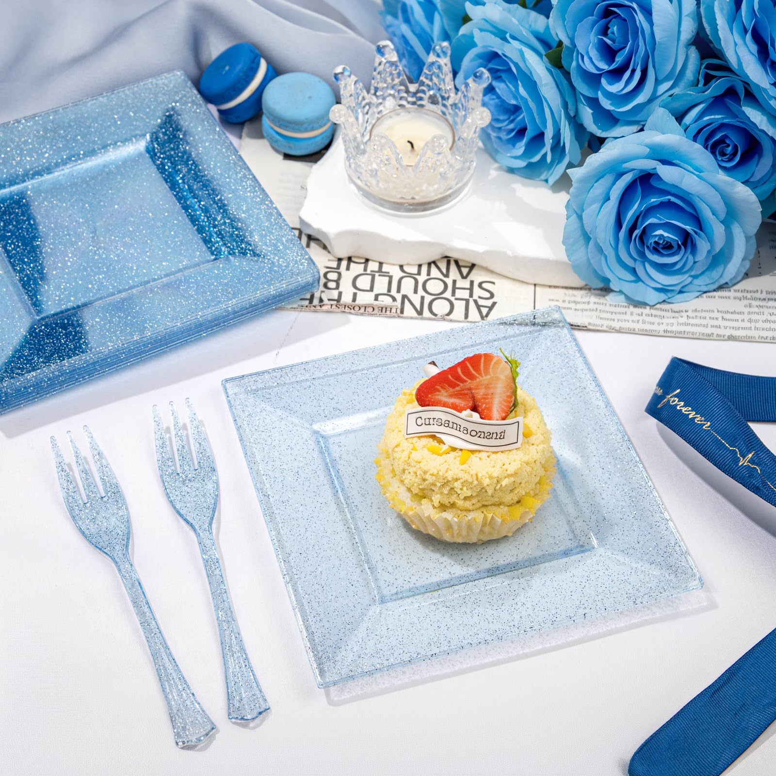DaYammi 200Pcs Gold Dessert Plates Including 100Pcs Appetizer Plates 6",100Pcs Plastic Forks 5.7",Gold Glitter Plastic Square Plate for Party,Gold Salad Plate and Cake Forks for Party Wedding
