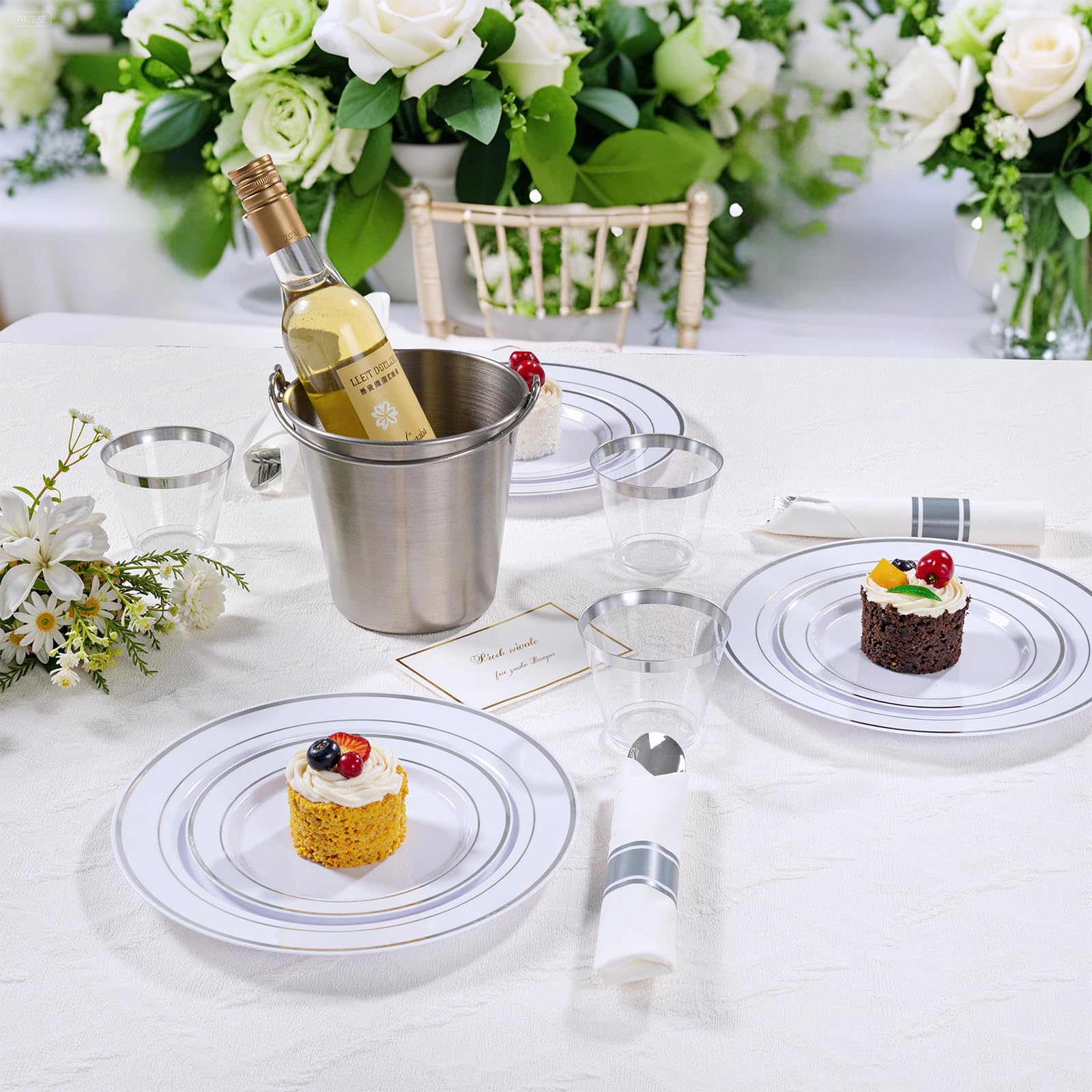 DaYammi 350PCS Gold Plastic Dinnerware Set for 50 Guests, Fancy Disposable Plates for Party, Include: 50 Dinner Plates, 50 Dessert Plates, 50 Pre Rolled Napkins with Gold Silverware, 50 Cups