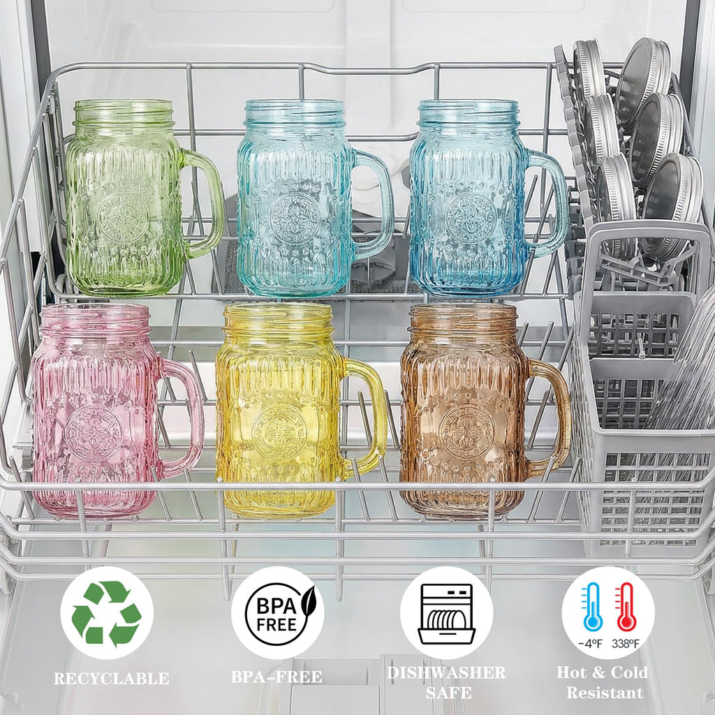 DaYammi Mason Jars with Lids and Straws, 6 Pack 16 Oz Glass Cups for Cold Beverages, Juice, Smoothies, Iced Coffee, Cocktails Leak-Proof Drinking Glasses with Sealed & Straw Lids, Colorful