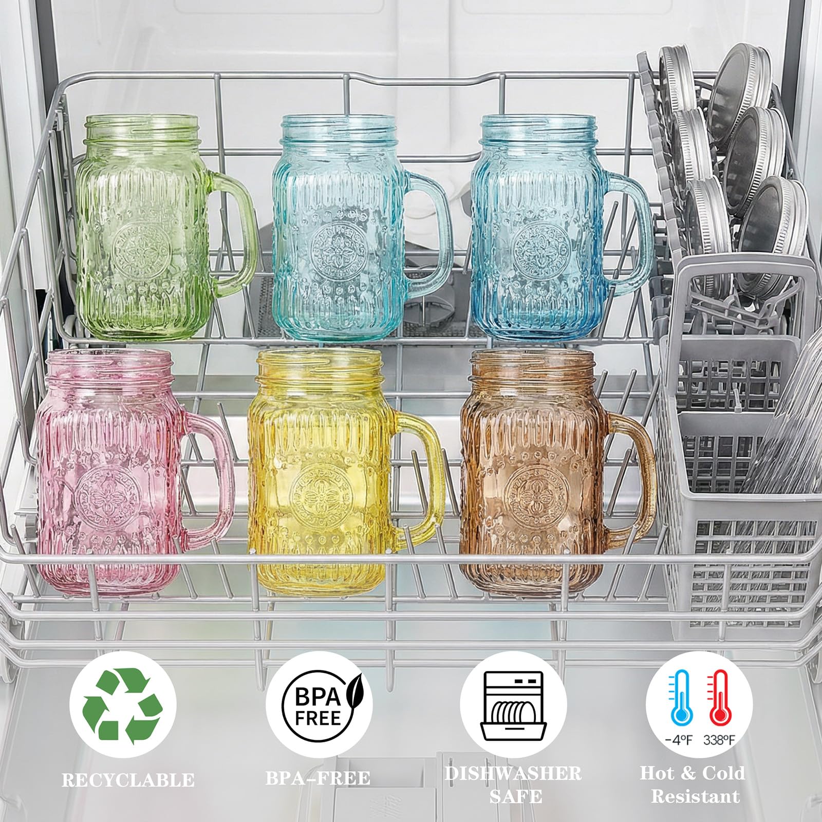 DaYammi Mason Jars with Lids and Straws, 6 Pack 16 Oz Glass Cups for Cold Beverages, Juice, Smoothies, Iced Coffee, Cocktails Leak-Proof Drinking Glasses with Sealed & Straw Lids, Colorful
