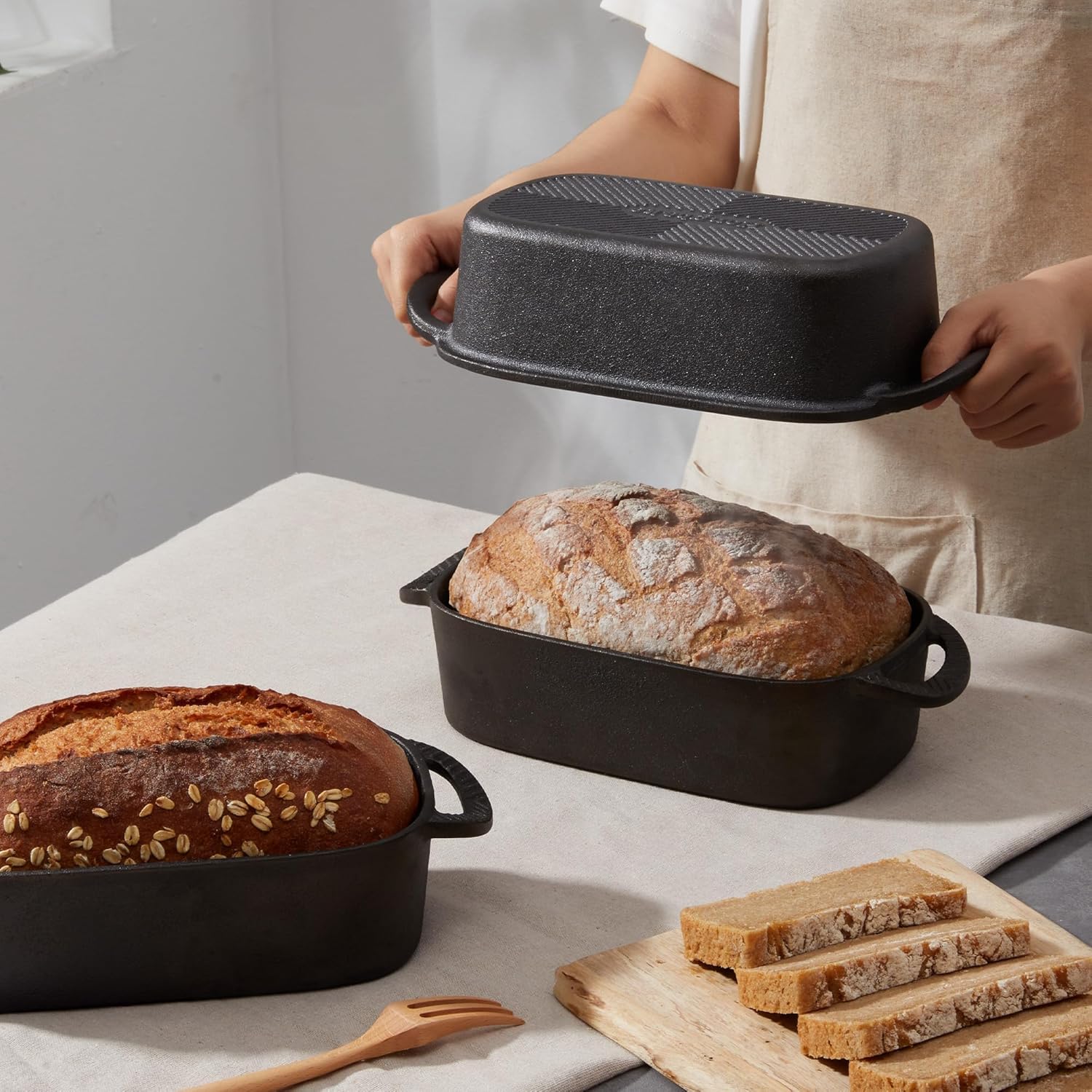 HONGBAKE Everline Collection 2 in 1 Cast Iron Loaf Pan with Lid, 9x5 Bread Pans for Homemade Bread, Pre-Seasoned Nonstick Sourdough Baking Pan, Even Heating Loaf Dutch Oven, Banana Bread Tins