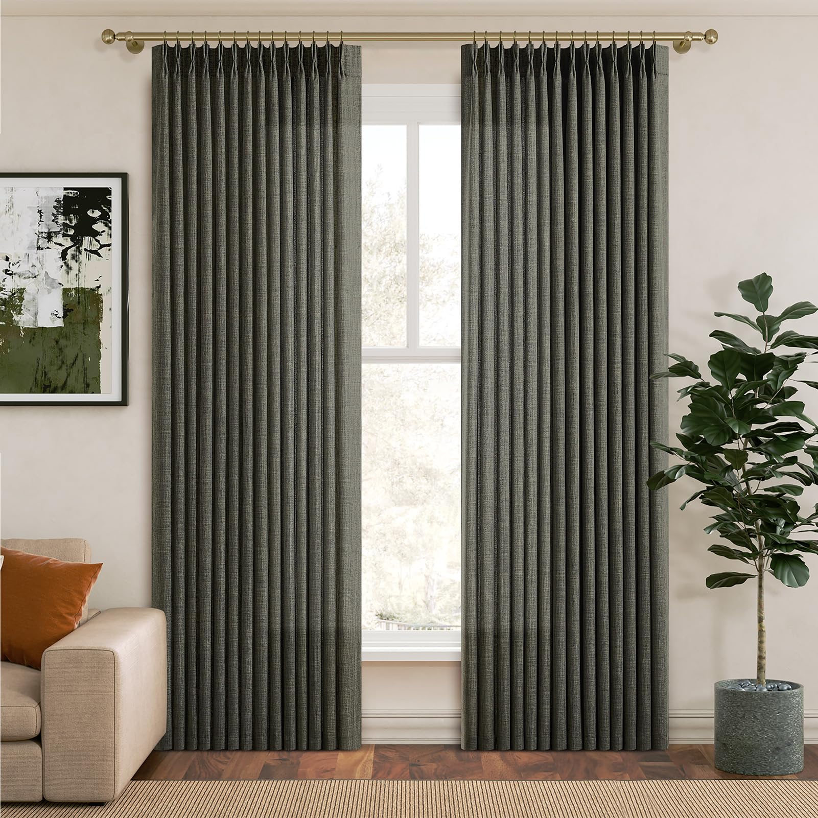 Pinch Pleated Linen Curtains 96 Inches Extra Long Olive Green Drapes, Thick Linen Light Filtering Memory Trained Pleat Curtain for Living Room and Bedroom Privacy 2 Panels Texture with Back Tab