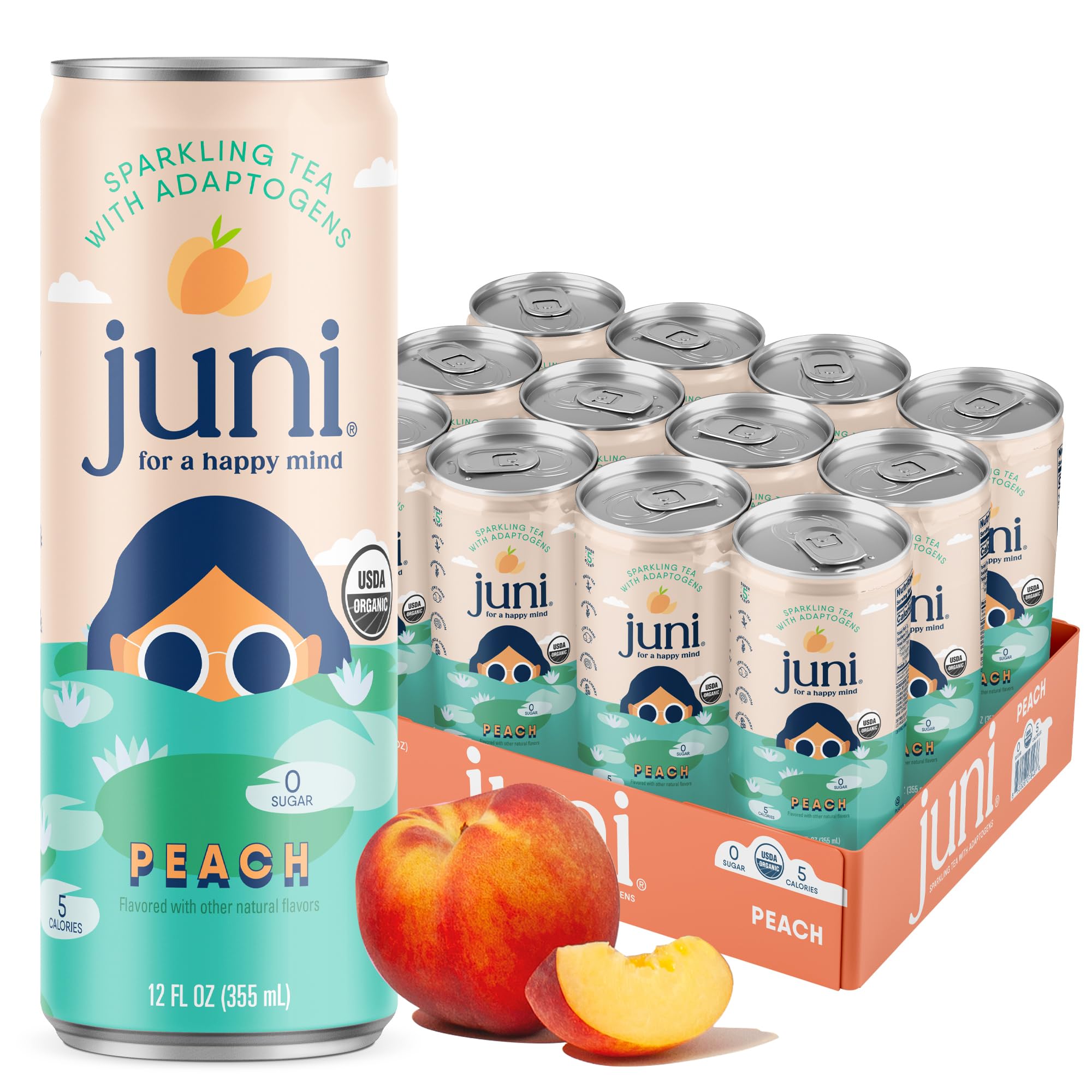 Juni Sparkling Adaptogen Drink with Ashwagandha, Lion’s Mane & Reishi Mushrooms | Green Tea for Focus, Zero Sugar, 5 Calories, Organic | Non Alcoholic Drinks - Variety Pack 12 pack