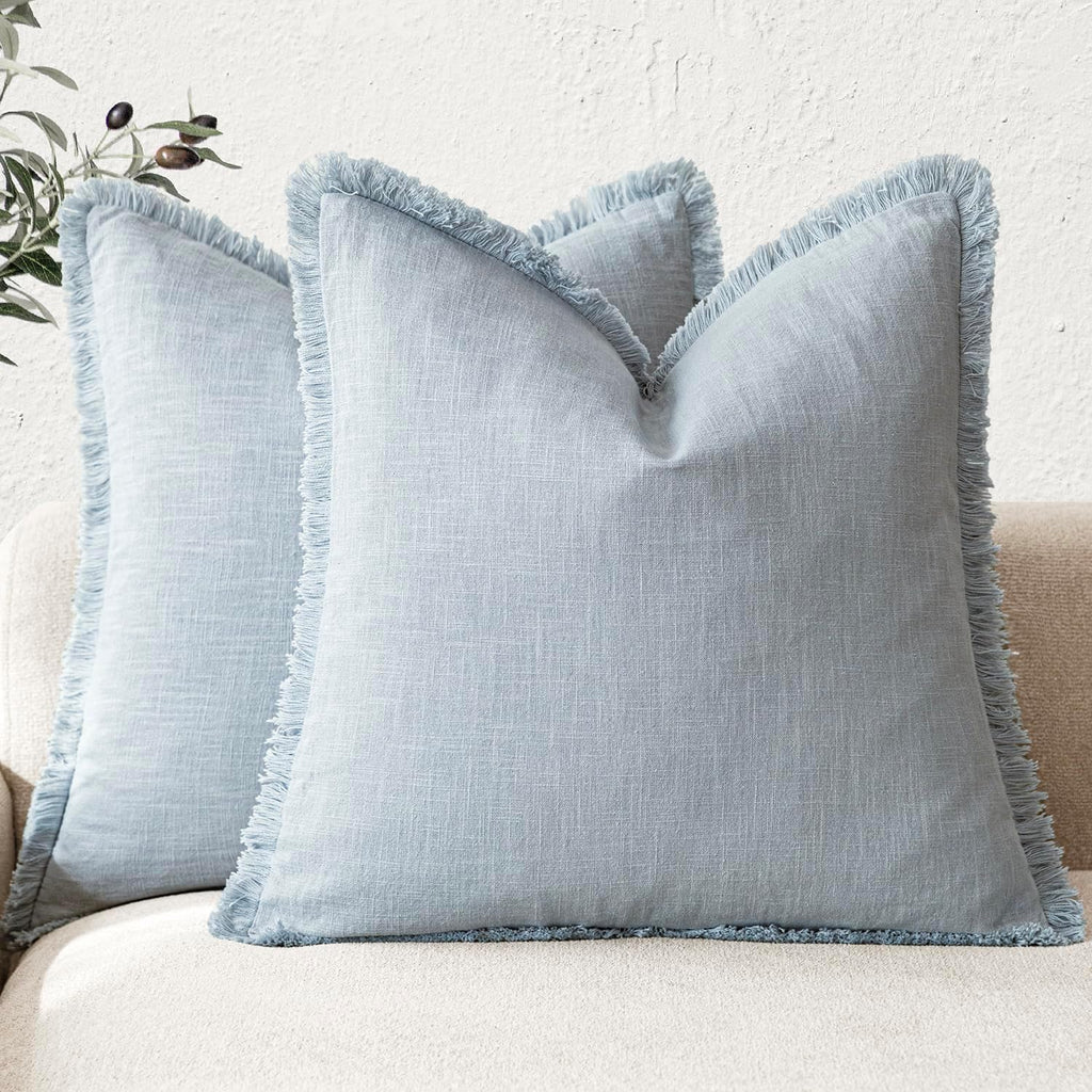 Foindtower Set of 2 Decorative Linen Fringe Throw Pillow Covers Cozy Boho Farmhouse Cushion Cover with Tassels Soft Accent Pillowcase for Couch Sofa Bed Living Room Home Decor,18×18 Inch,Navy Blue