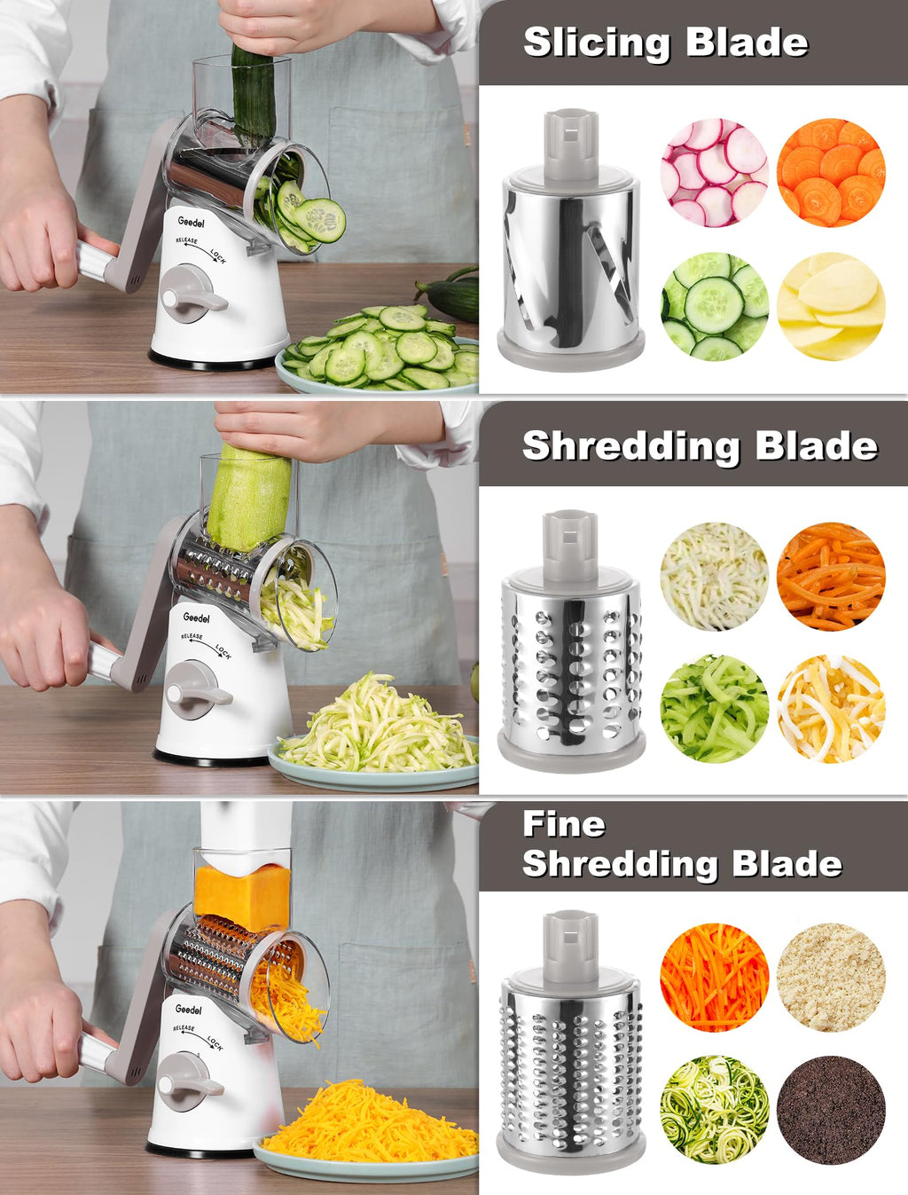 Geedel Rotary Cheese Grater, Kitchen Mandoline Vegetable Slicer with 3 Interchangeable Blades, Easy to Clean Rotary Grater Slicer for Fruit, Vegetables, Nuts