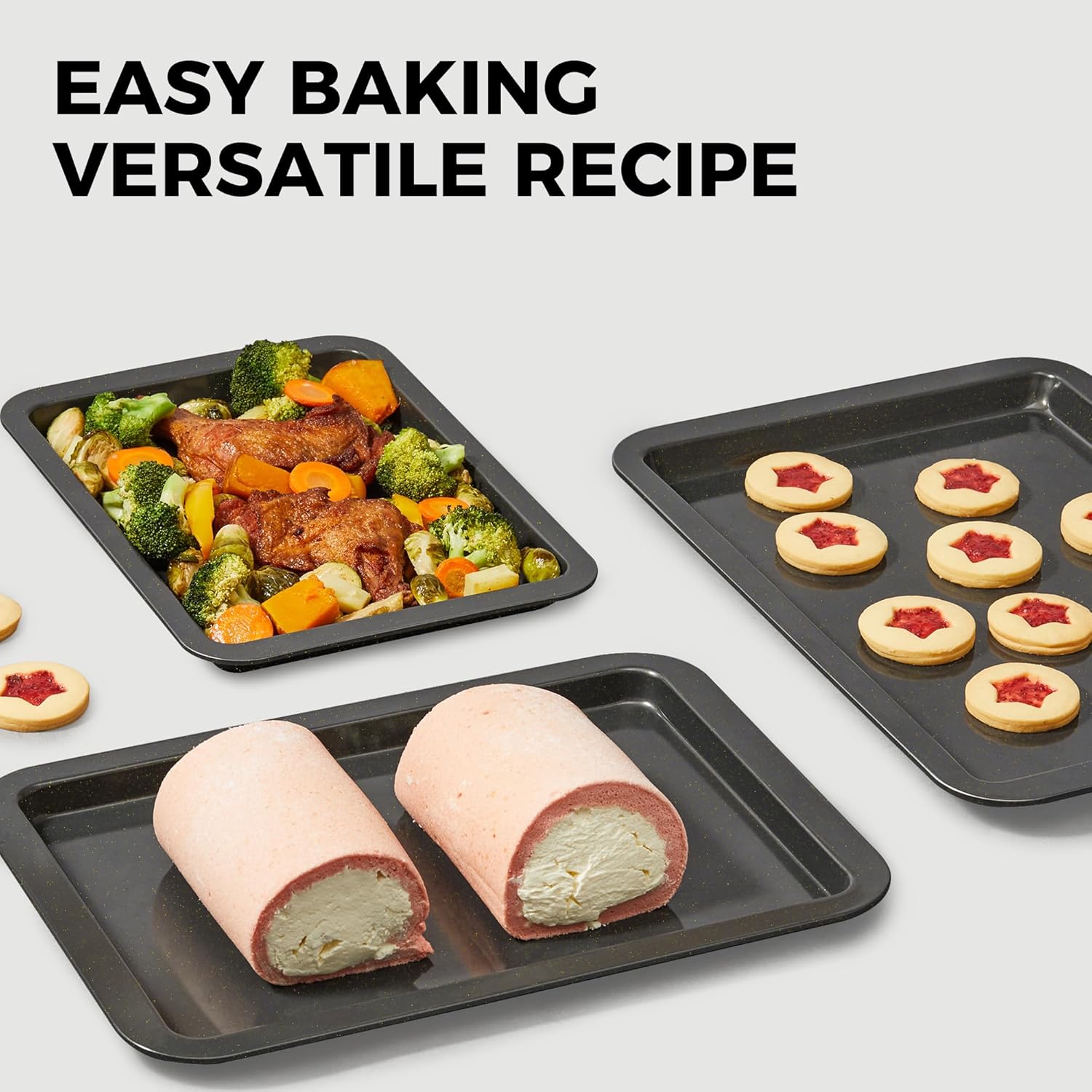 HONGBAKE Ceramic Baking Sheet Pan Set, Cookie Sheet for Oven, Bakeware Sets with Wider Grips, 3 Pack Half/Jelly Roll/Quarter Baking Tray, Premium, Dishwasher Safe - Dark Grey