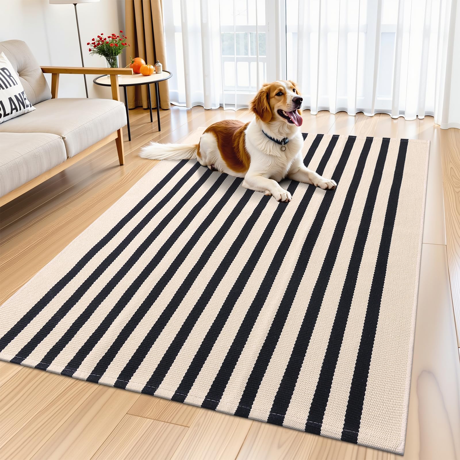 OLANLY Black and White Striped Rug 2'4" x 3'7" (27.5" x 43") – Washable Cotton Indoor Outdoor Doormat for Front Door, Entryway, Kitchen, Porch, Patio Decor