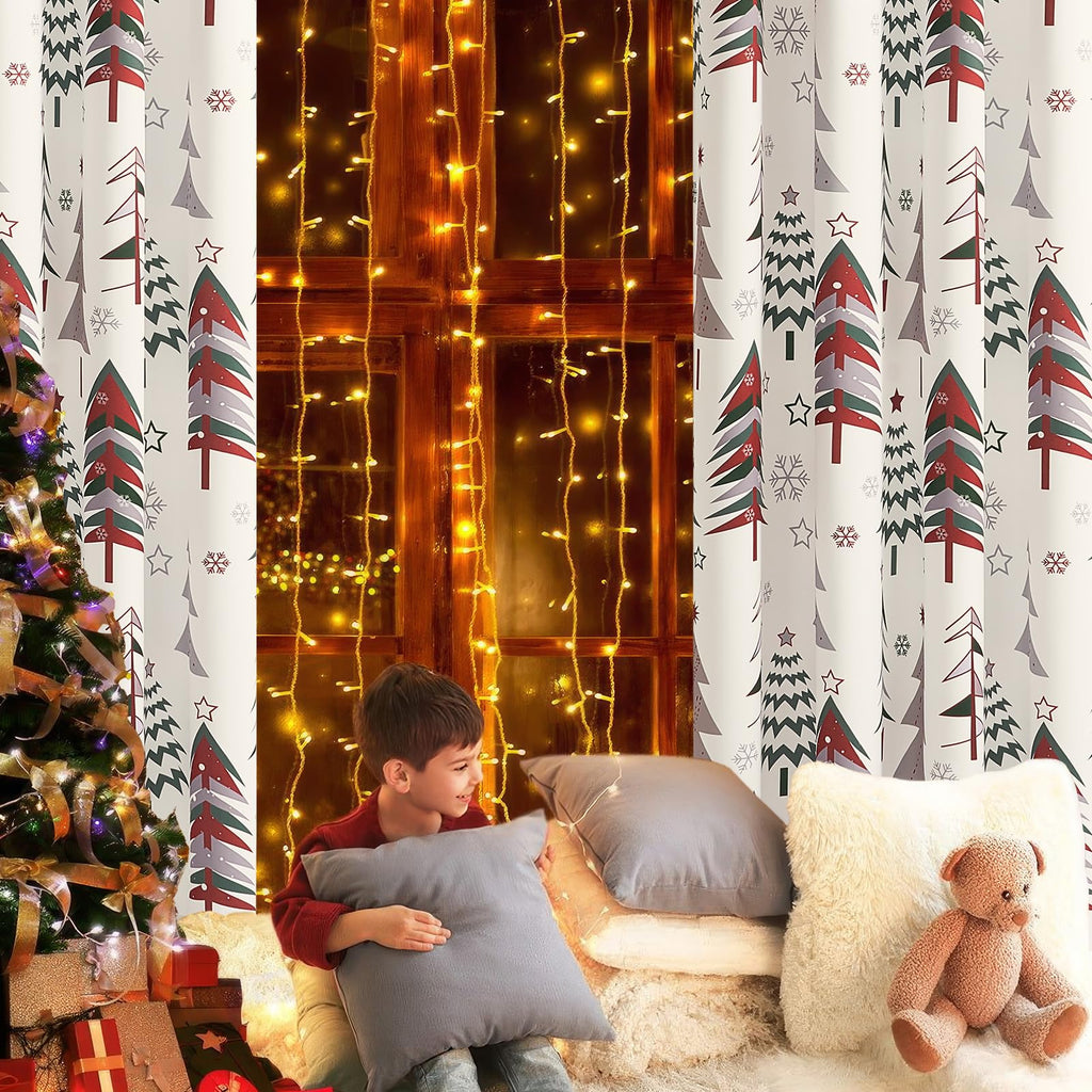 Topfinel Christmas Curtains 84 Inch Length for Living Room 2 Panels Set,Grommet Xmas Decoration Window Curtains with Christmas Tree and Snowflake Print for Bedroom,Set of 2,52x84 Inches Long,White