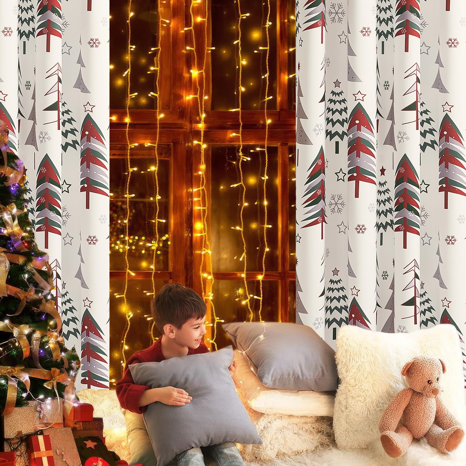 Topfinel Christmas Curtains 84 Inch Length for Living Room 2 Panels Set,Grommet Xmas Decoration Window Curtains with Christmas Tree and Snowflake Print for Bedroom,Set of 2,52x84 Inches Long,White
