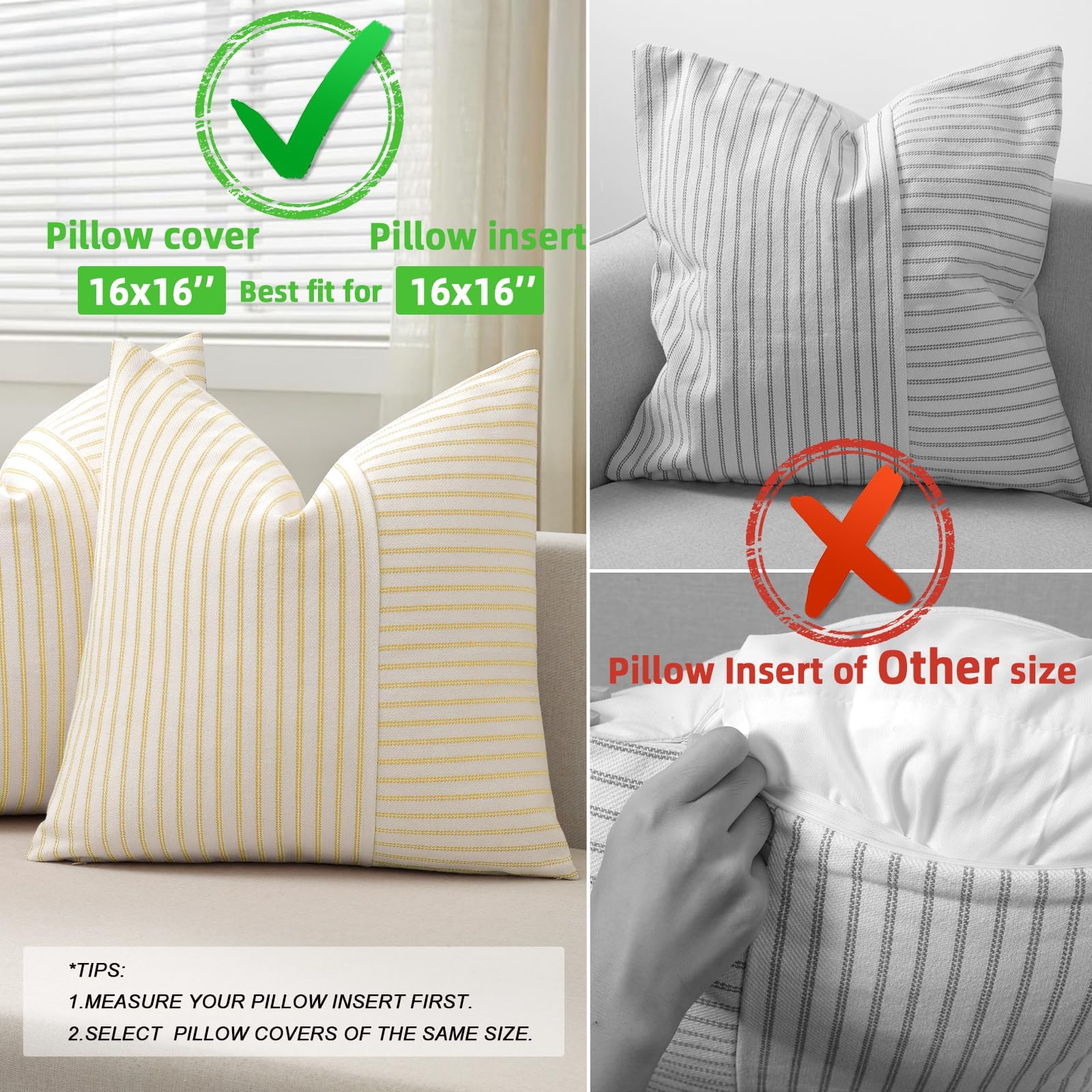 YCOLL Farmhouse Pillow Covers 18x18, Modern Accent Square Throw Pillow Covers Set of 2, Gray and Beige Striped Patchwork Linen Decorative Pillows Cushion Covers for Couch Chair Bedroom Home Decor