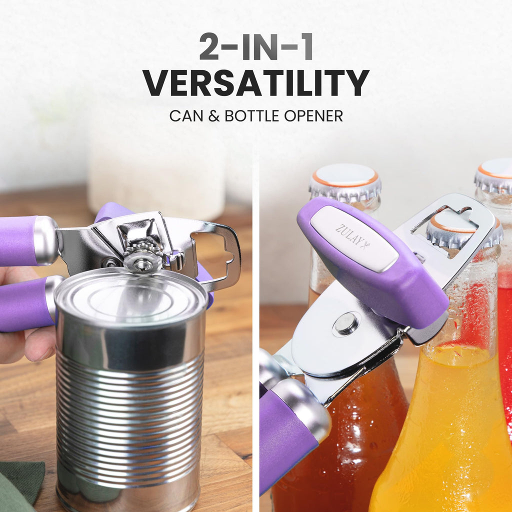 Zulay Kitchen COMFY™ Can Opener Manual with Bottle Opener - Rust Proof Stainless Steel Manual Can Opener With Turn Knob & Comfy Soft Grip Handles - Black