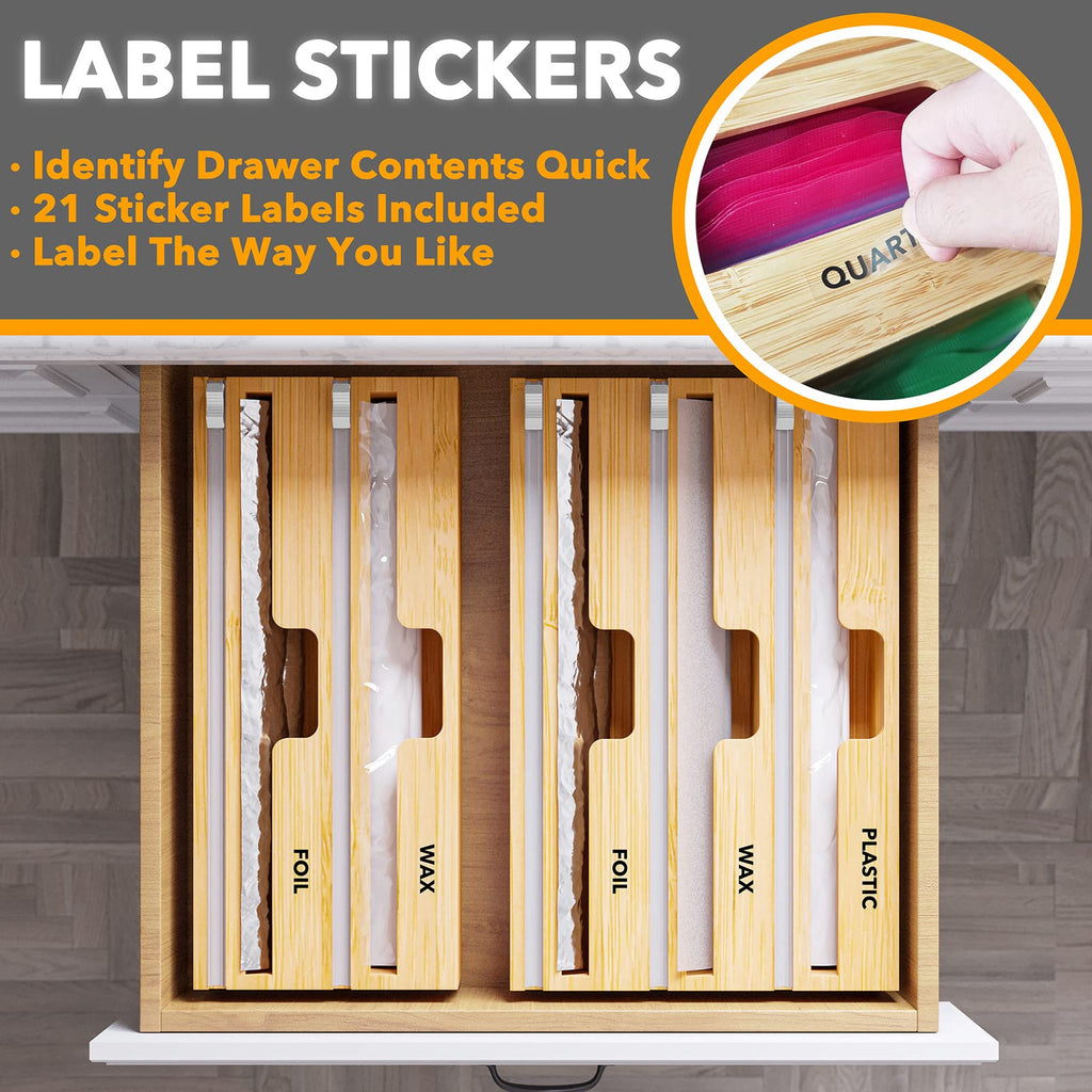 SpaceAid WrapNeat 3 in 1 Wrap Organizer with Cutter and Labels, Plastic Wrap, Aluminum Foil and Wax Bamboo Dispenser for Kitchen Storage Organization Holder for 12" Roll (Natural)