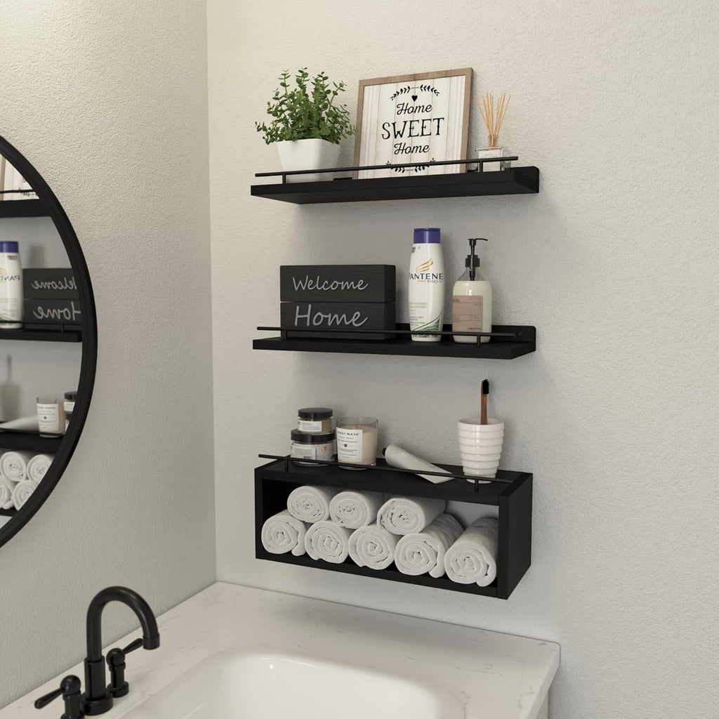 WOPITUES Wood Floating Shelves Set of 6, Farmhouse Style, Floating Shelves for Wall Decor, Bathroom/Bedroom Storage, Heavy Duty, Rust Proof
