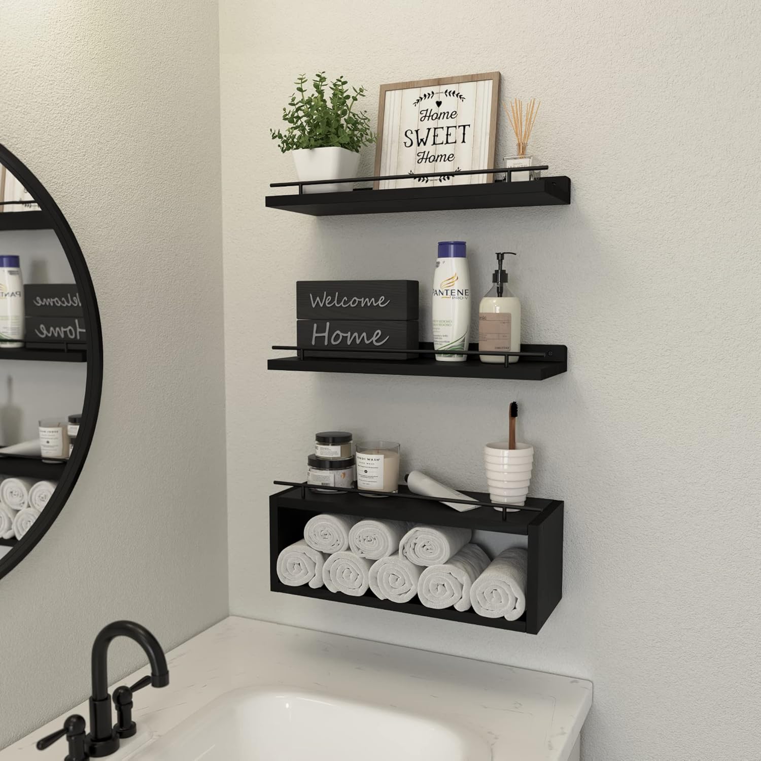 WOPITUES Wood Floating Shelves Set of 6, Farmhouse Style, Floating Shelves for Wall Decor, Bathroom/Bedroom Storage, Heavy Duty, Rust Proof