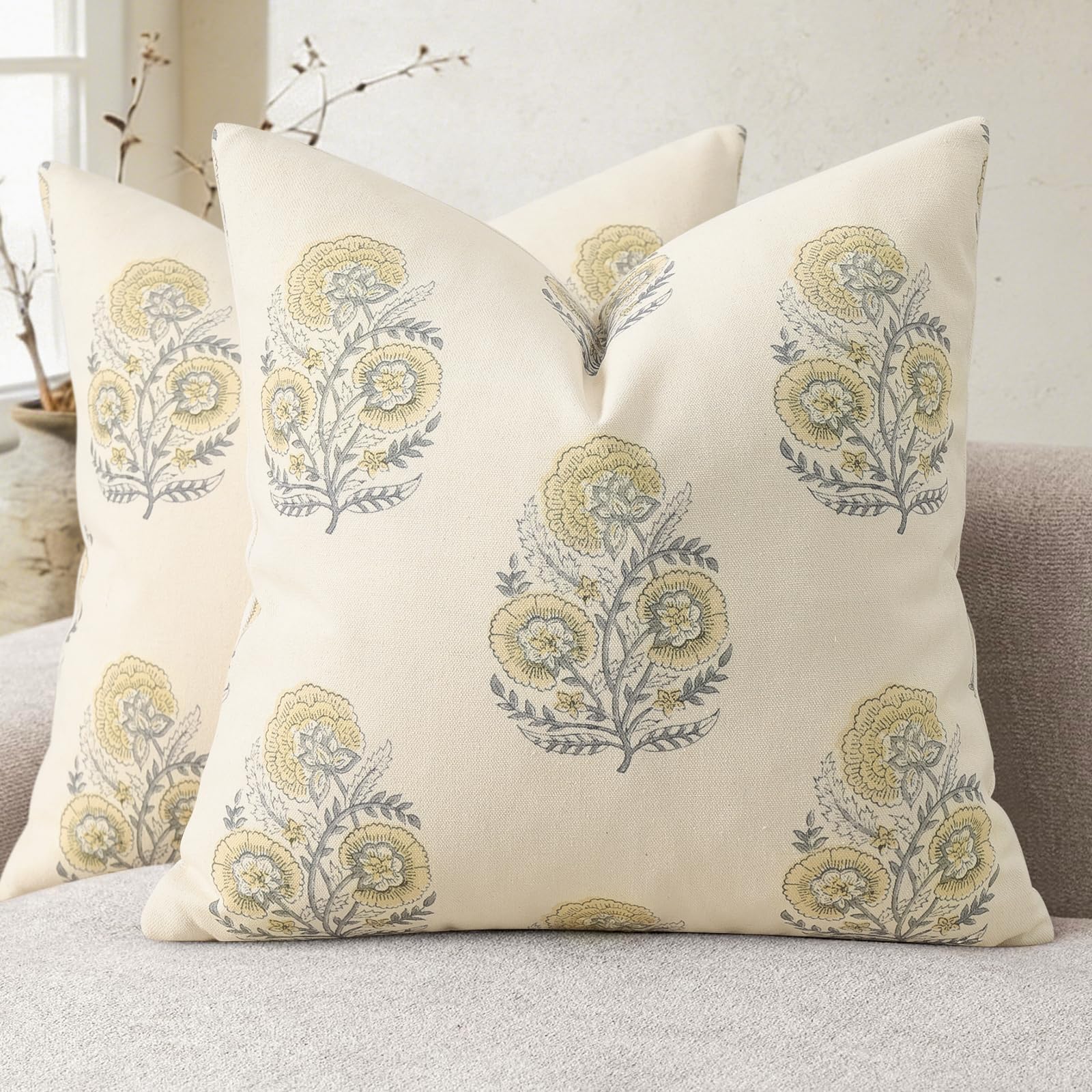 YCOLL Vintage Floral Print Pillow Covers 18x18 Set of 2 Patterned Accent Decorative Cushion Covers Modern Farmhouse Throw Pillow Covers for Sofa Couch Chair Bed Living Room Home Decor, Light Blue
