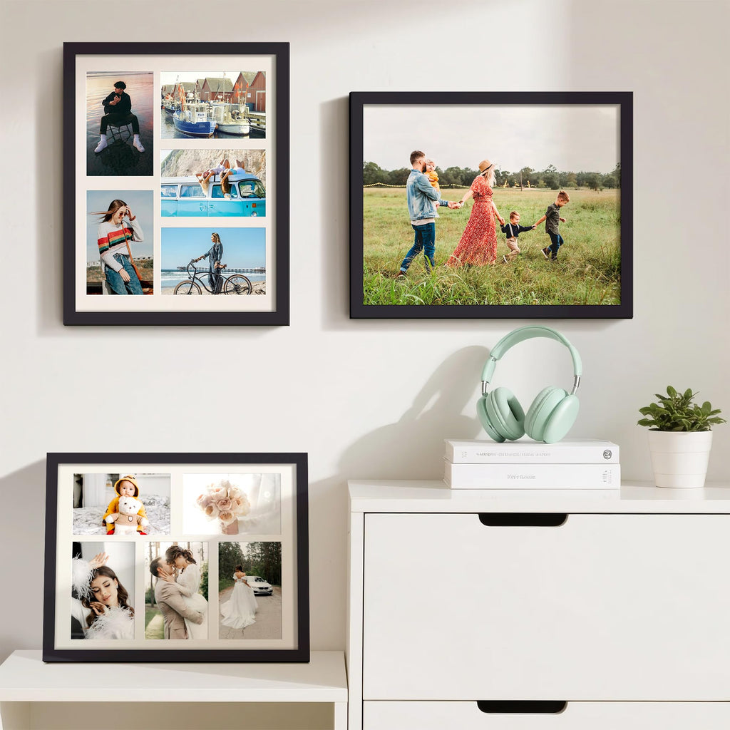 upsimples 8x16 Collage Picture Frame, Display Pictures 3 5x7 with Mat or 8x16 Without Mat, Wall Hanging 3 5x7 Picture Frame Collage Wall Decor, Black, 1 Pack