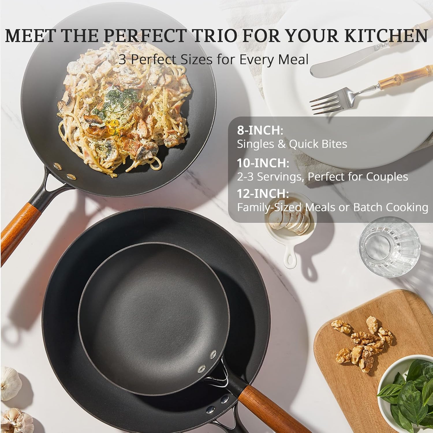 KITESSENSU Enameled Cast Iron Skillets - Non Stick Frying Pans Set with Durable Wooden Handle - 8&10&12 Inch Cast Iron Pans for Multi-Cooking - Pre Seasoned Cookware Set - Gradual Burgundy Red