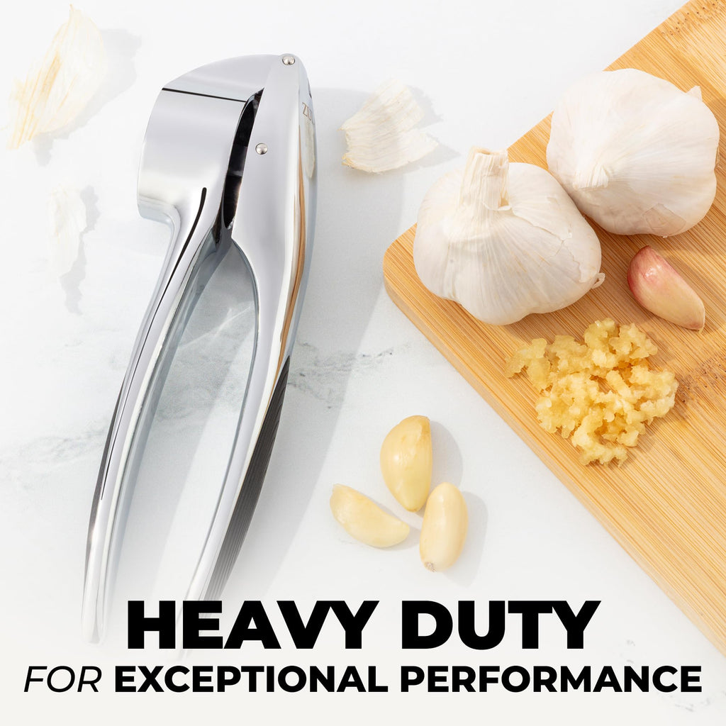 Zulay Kitchen Premium Garlic Press Set - Rust Proof Professional Garlic Mincer Tool - Easy-Squeeze, Easy-Clean with Soft, Ergonomic Handle - Silicone Garlic Peeler & Brush (Silver)