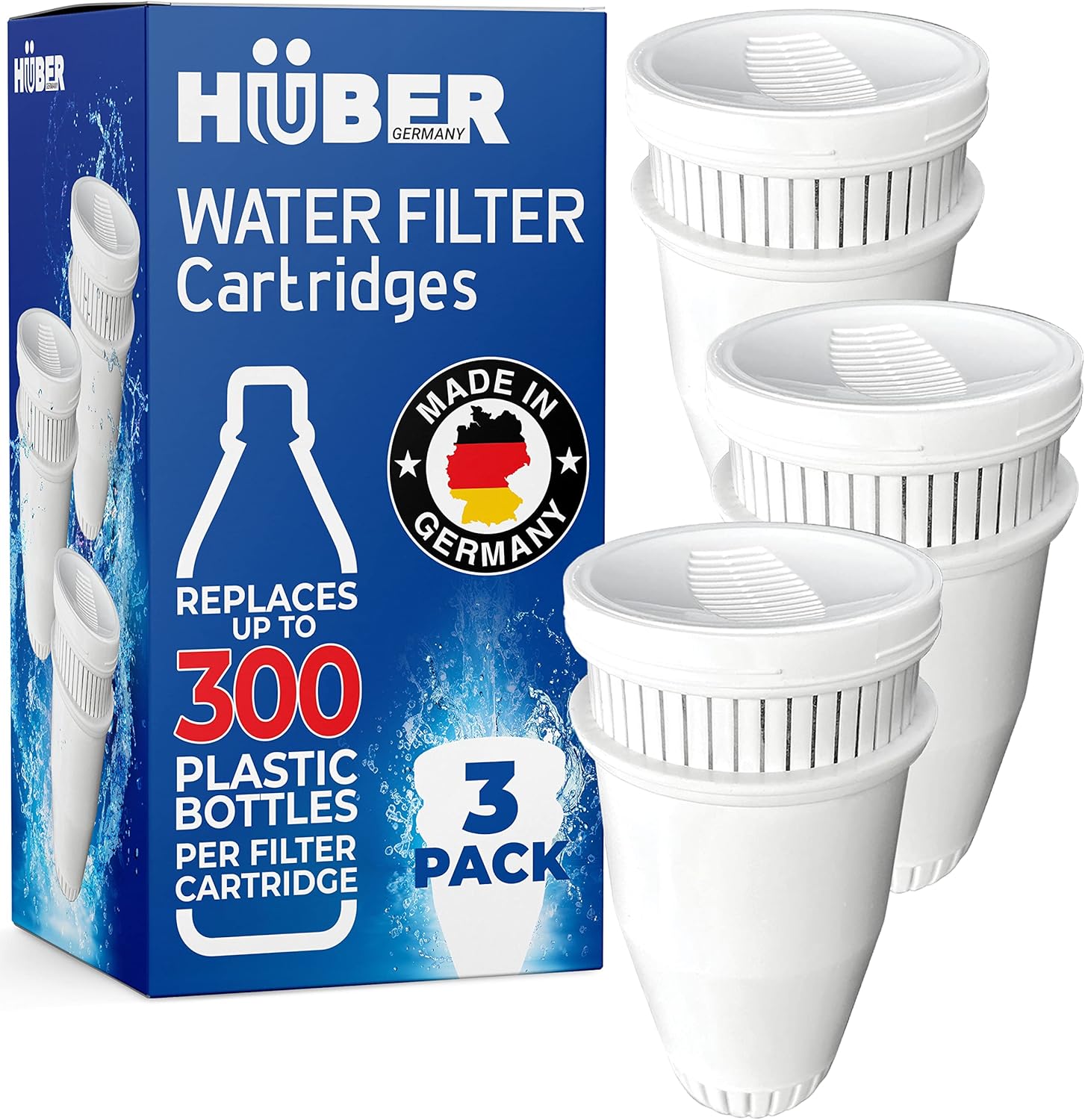 Huber Replacement Brita Water Filter for Pitchers & Dispensers, German Made, 6 Months Supply of BPA-Free Water Filters, Technology for Superior Filtration & Taste, Compatible with Brita, 3-Pack