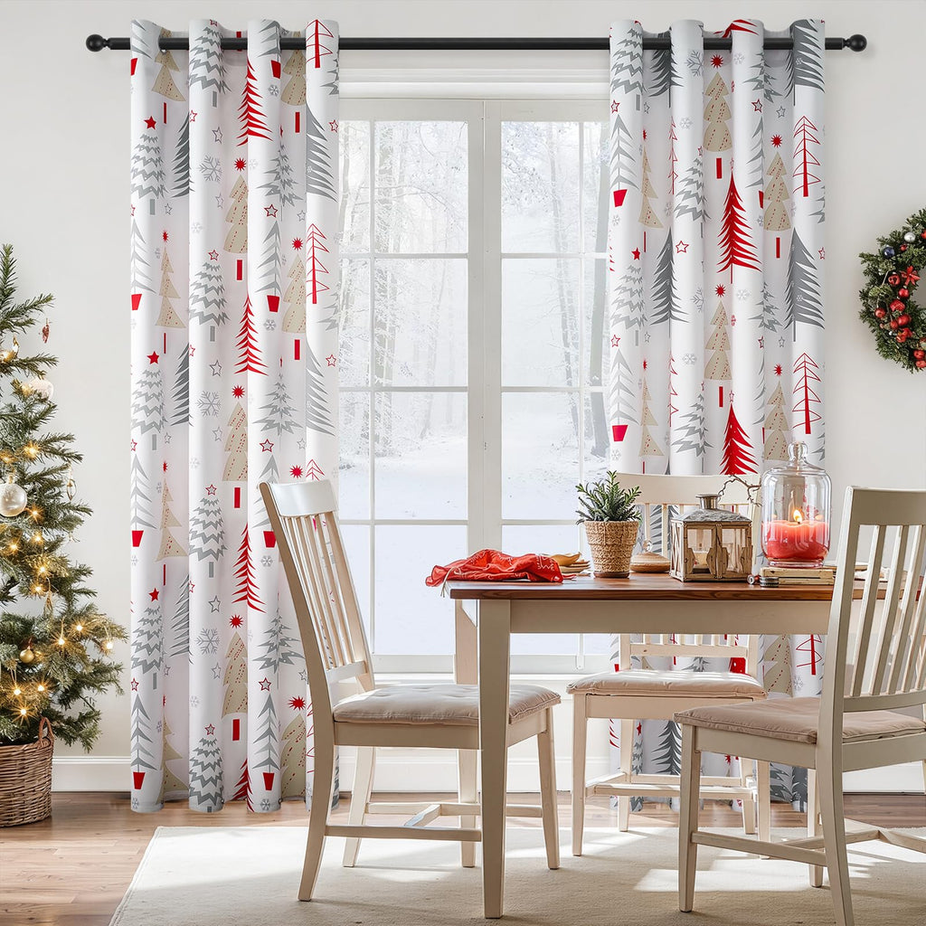 Topfinel Christmas Curtains 84 Inch Length for Living Room 2 Panels Set,Grommet Xmas Decoration Window Curtains with Christmas Tree and Snowflake Print for Bedroom,Set of 2,52x84 Inches Long,White