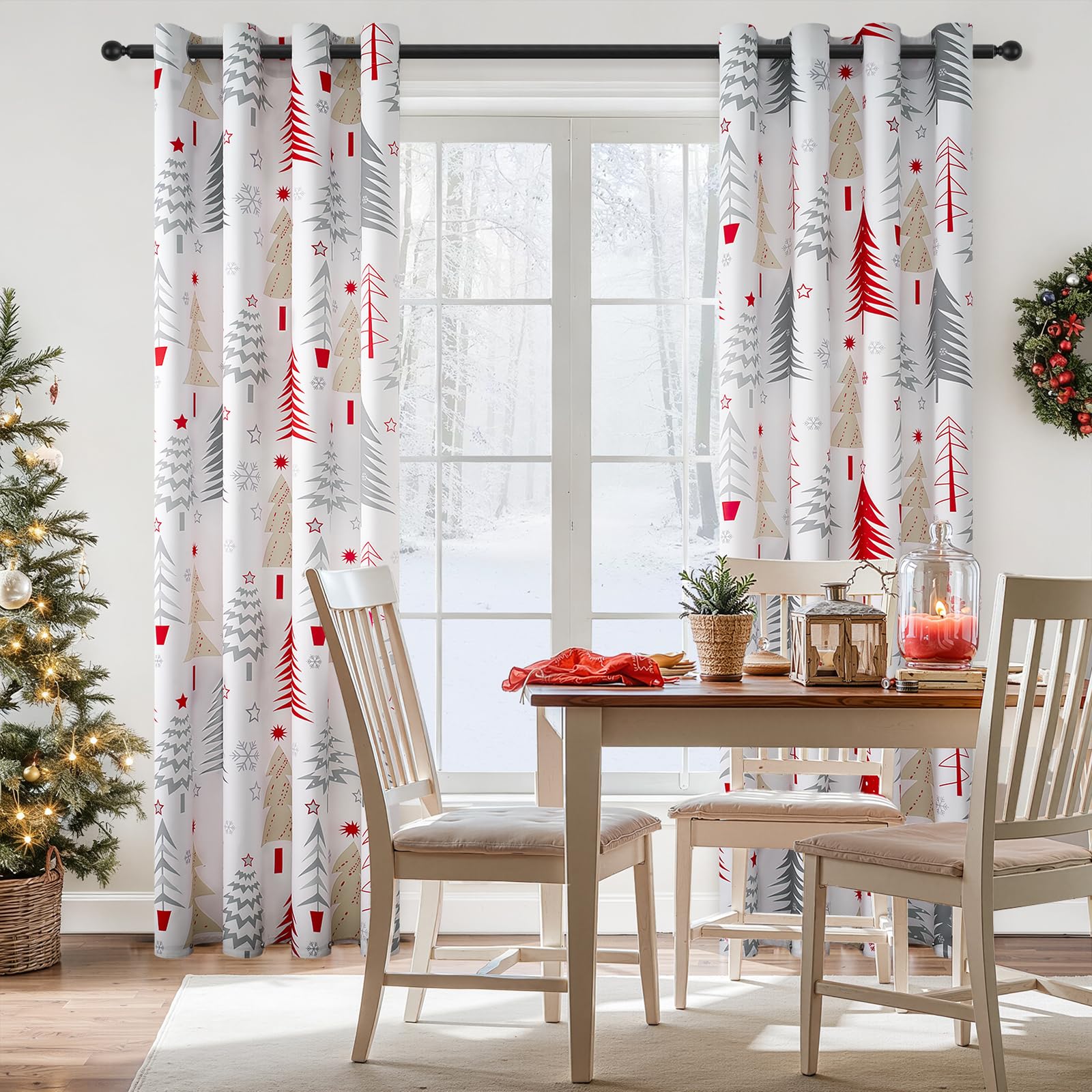 Topfinel Christmas Curtains 84 Inch Length for Living Room 2 Panels Set,Grommet Xmas Decoration Window Curtains with Christmas Tree and Snowflake Print for Bedroom,Set of 2,52x84 Inches Long,White