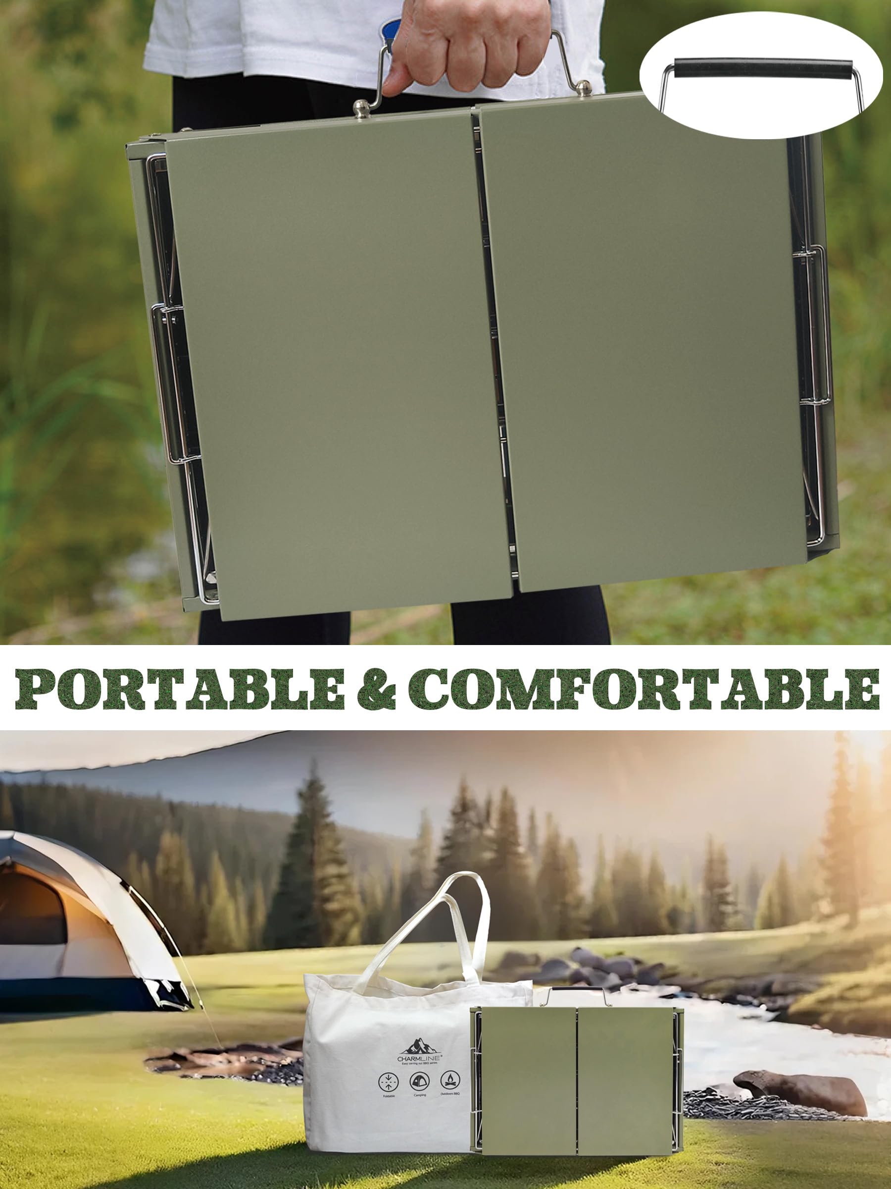 Charmline 14 x 9 inches Portable Charcoal BBQ Grill, Foldable Compact Camping Barbecue for 1–3 People, Ideal for Garden, Beach, Picnic & Tabletop Use, Green