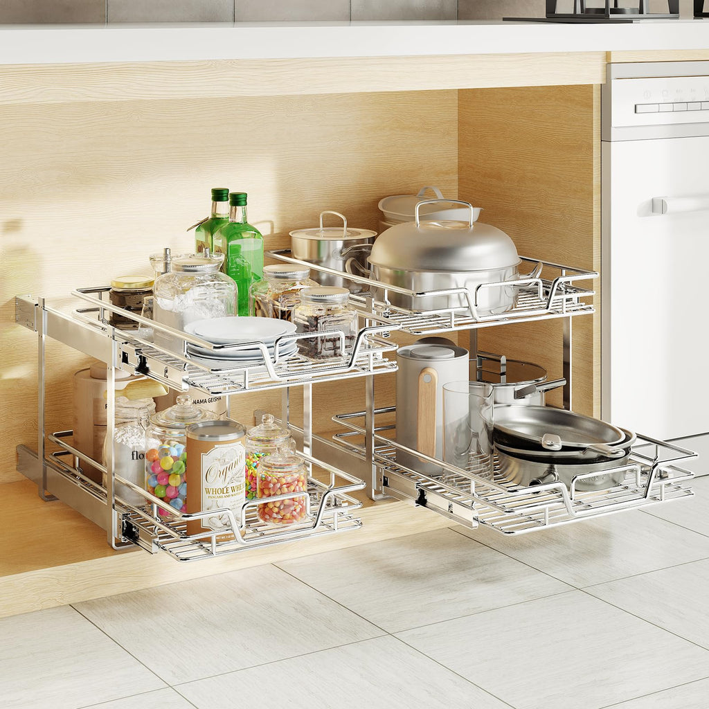 2-Tier Kitchen Cabinet,Pull Out Cabinet Organizer,Shelf and Drawer Organizer Slide Out Pantry Storaqe Basket in Multiple Sizes (12" W x21 D)