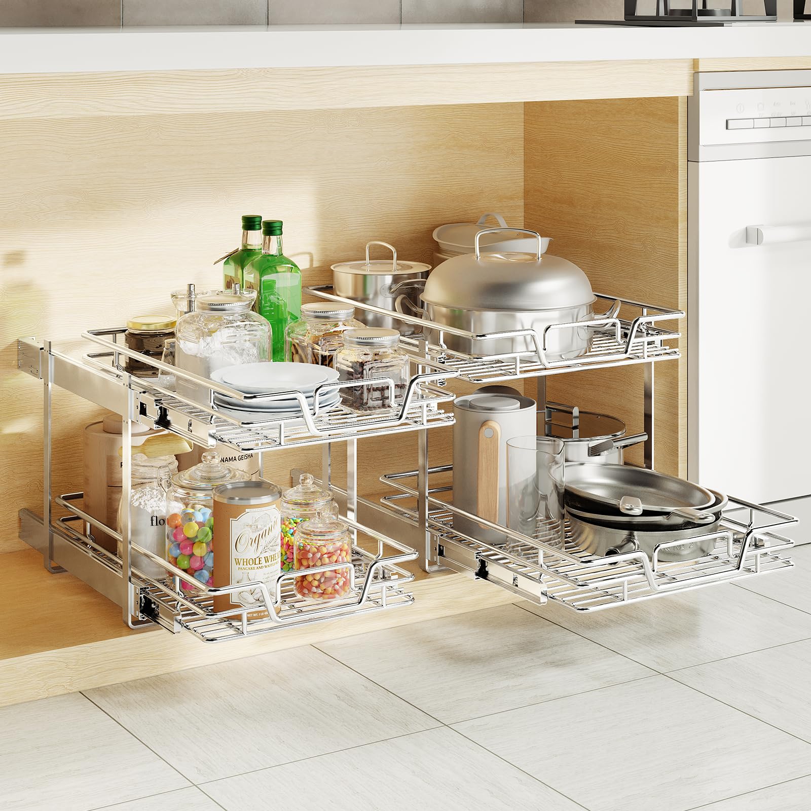 2-Tier Kitchen Cabinet,Pull Out Cabinet Organizer,Shelf and Drawer Organizer Slide Out Pantry Storaqe Basket in Multiple Sizes (12" W x21 D)