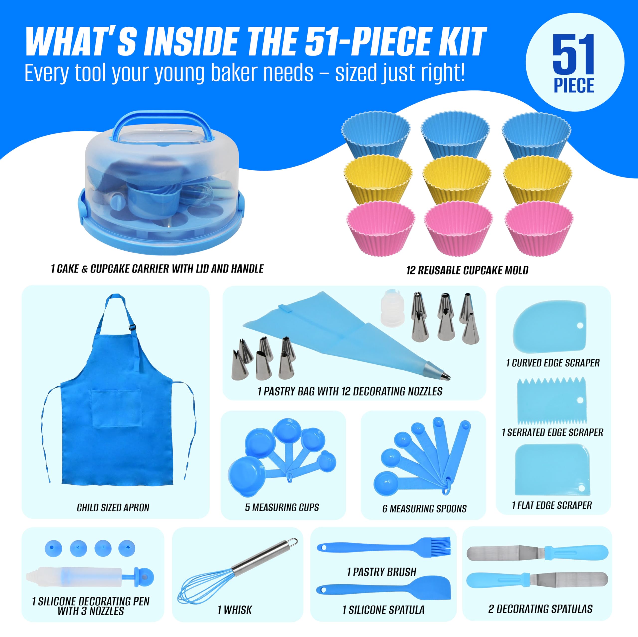 Perlli Kids Cake & Cupcake Baking Set – 51 Pieces Real Utensils & Decorating Kit with Carrier Safe Baking Supplies Gift for Junior Chefs Girls & Boys (Blue)
