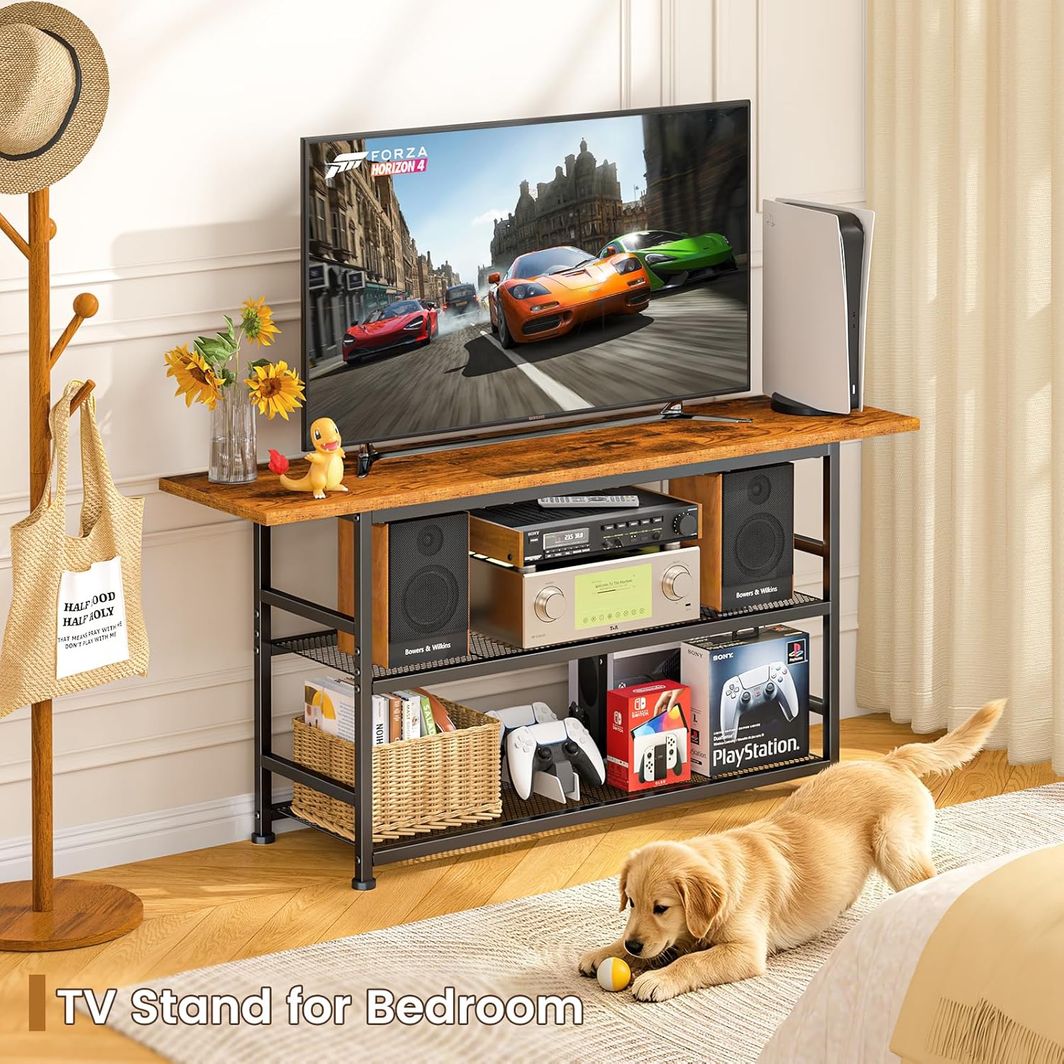 ThreeHio TV Stand for TVs up to 55 Inch TV, Entertainment Center with 3 Tier Open Storage Shelves, Media Console Table for Living Room, Bedroom, Rustic Brown