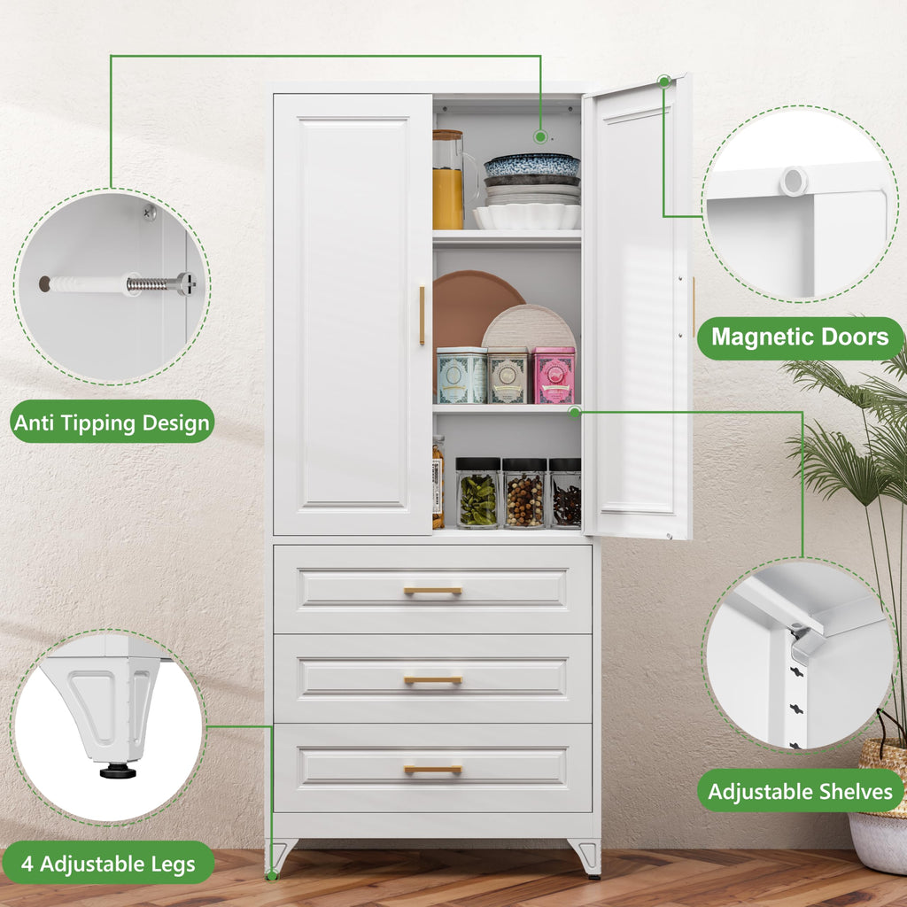 75" Tall Metal Kitchen Storage Cabinet,White Kitchen Pantry Storage Cabinet with Doors and 4 Adjustable Shelves,Utility Cabinet for Living Room,Garage,Dining Room and Office,Assemble Required