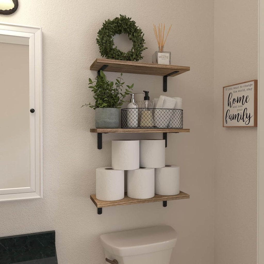 WOPITUES Wood Floating Shelves Set of 6, Farmhouse Style, Floating Shelves for Wall Decor, Bathroom/Bedroom Storage, Heavy Duty, Rust Proof