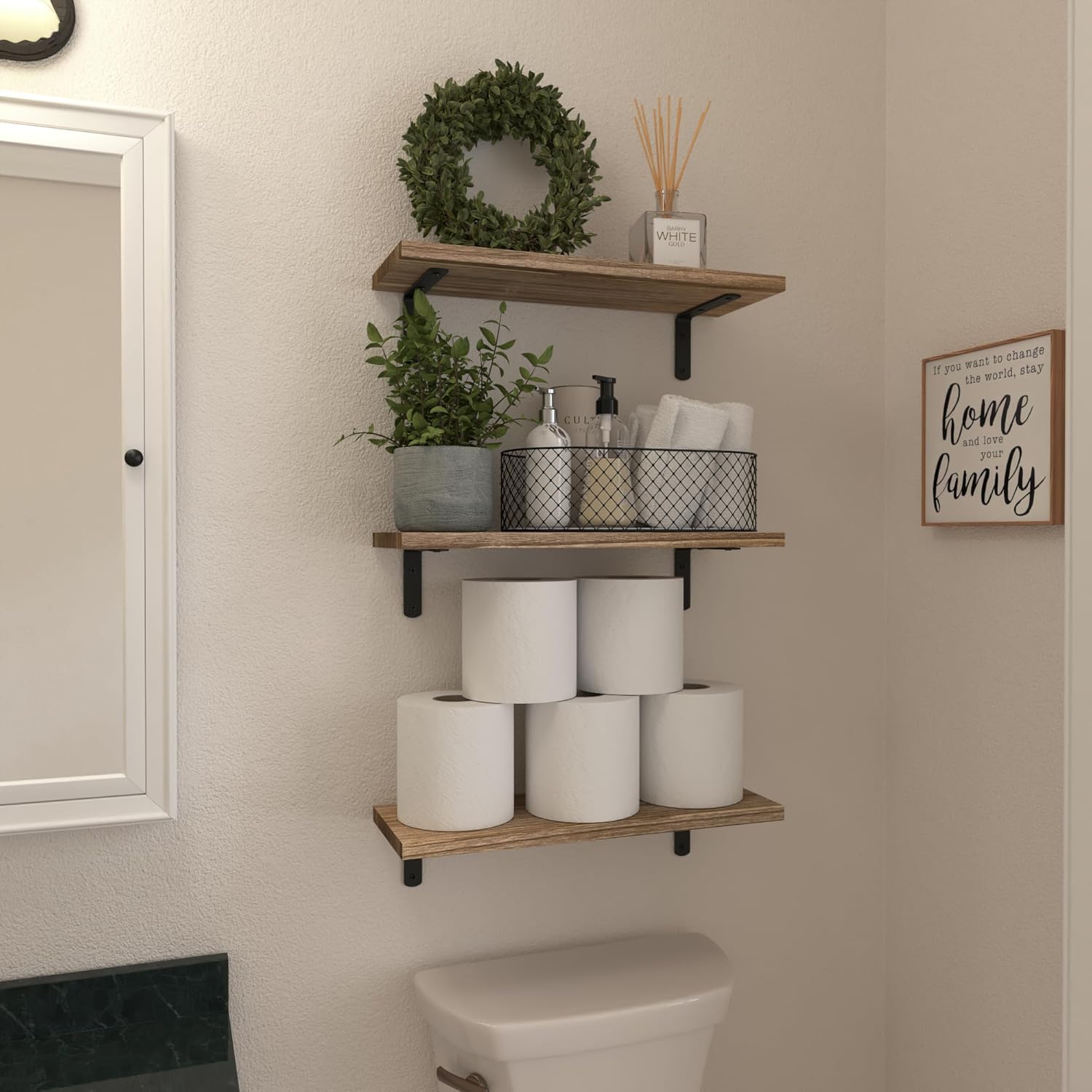 WOPITUES Wood Floating Shelves Set of 6, Farmhouse Style, Floating Shelves for Wall Decor, Bathroom/Bedroom Storage, Heavy Duty, Rust Proof