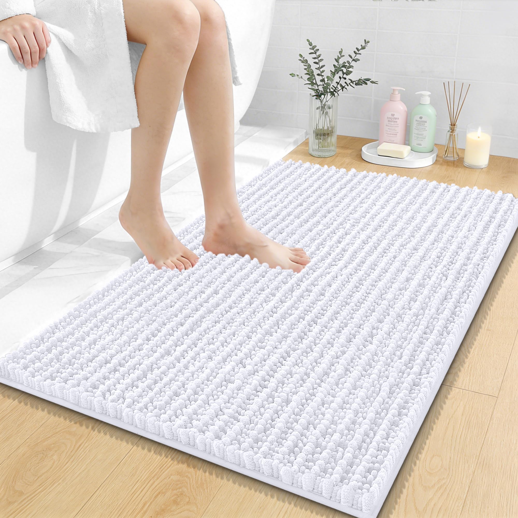 OLANLY Bathroom Rug Mat 30x20, Thick Soft and Absorbent Chenille Bath Mat, Non-Slip Rubber Backing, Machine Washable Quick Dry Bath Rugs for Tub Shower Floor, Home Decor Accessories, Grey