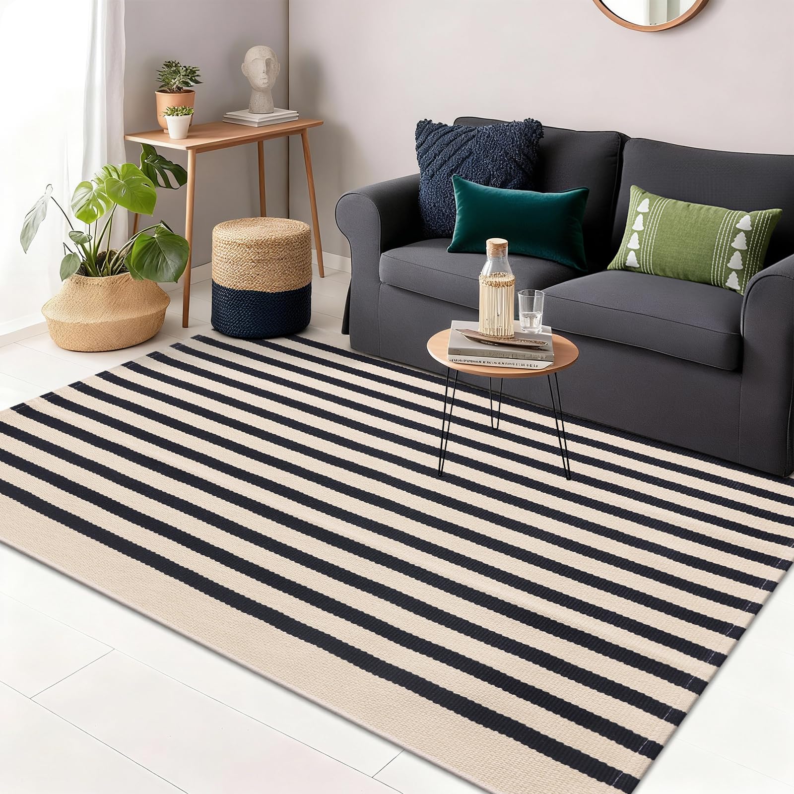 OLANLY Black and White Striped Rug 2'4" x 3'7" (27.5" x 43") – Washable Cotton Indoor Outdoor Doormat for Front Door, Entryway, Kitchen, Porch, Patio Decor