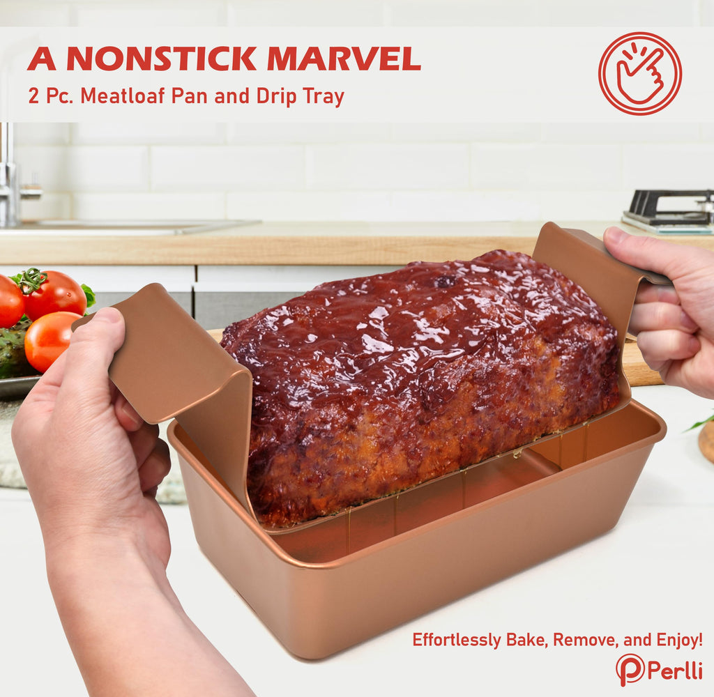 PERLLI Meat Loaf Pan with Drip Tray – 2 Pc. 9.8 x 5.7 In. High-Carbon-Steel Nonstick Meatloaf Pan with Drain Tray – Large BPA-Free Oven Loaf Pan for Baking, Bread, Cakes, Roasting Meat, & More