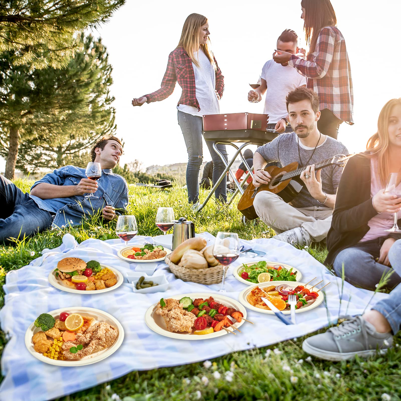 Vplus 100% Compostable Oval Paper Plates 12 inch 120 Pack Super Strong Disposable Dinner Plates Natural Biodegradable Eco-Friendly Sugarcane Plates for BBQ, Party, Gathering, and Picnic