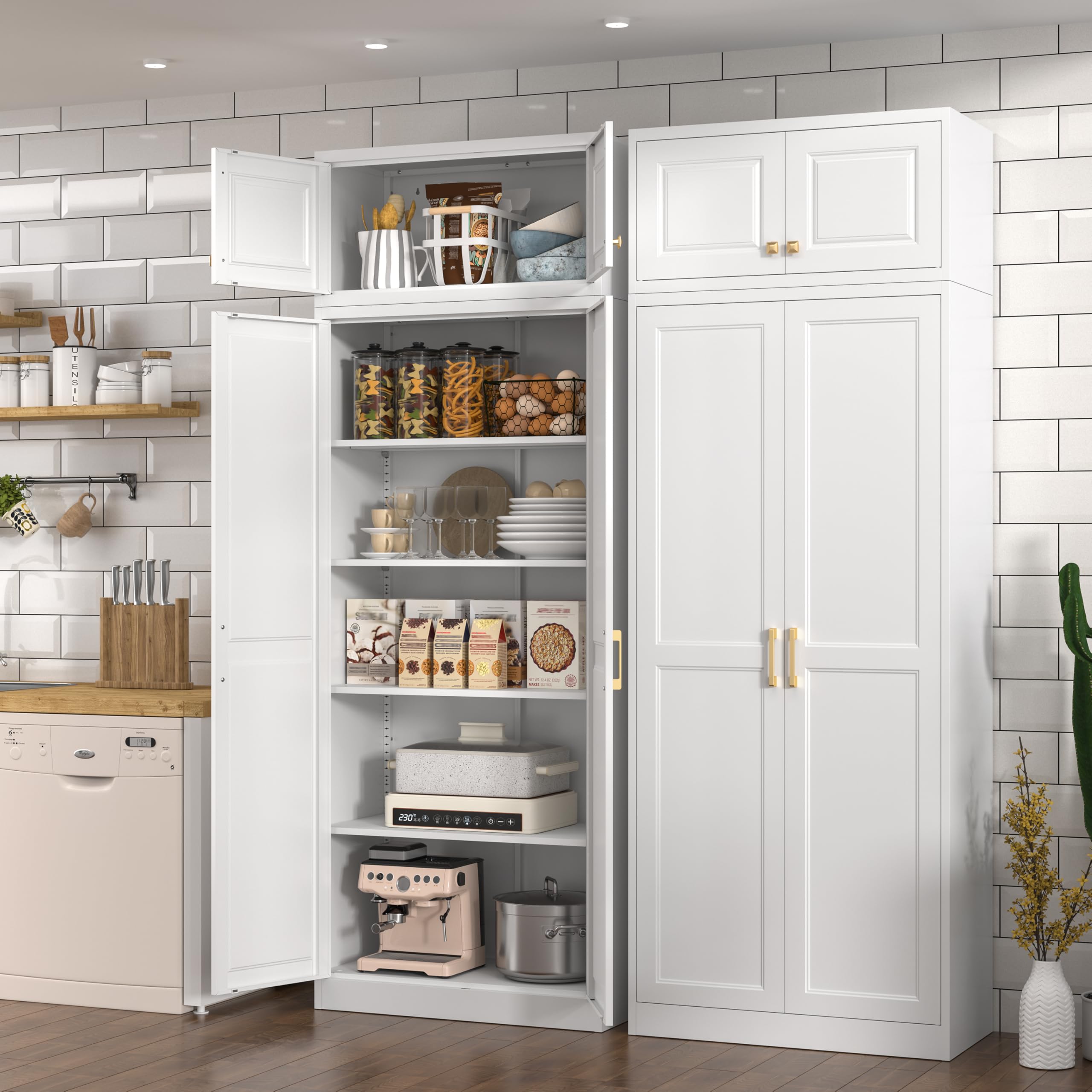 Polup White Kitchen Pantry Cabinet, 71 Inch Tall Metal Storage Cabinet with Doors and Shelves, Pantry Cabinets for Kitchen Storage, Freestanding Cupboard for Living, Dining Room, Assemble Required