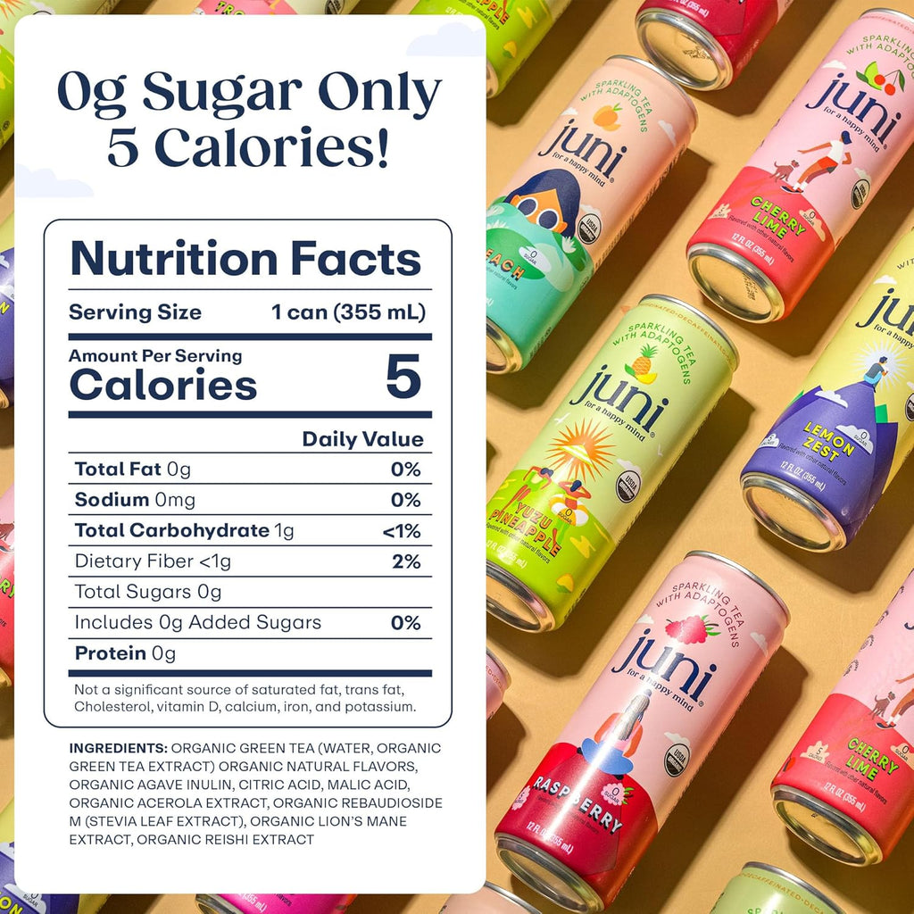 JUNI Sparkling Tea Lemon and Raspberry Bundle, Crafted with a 5-Super Blend of Adaptogens & Nootropics (24-pack)