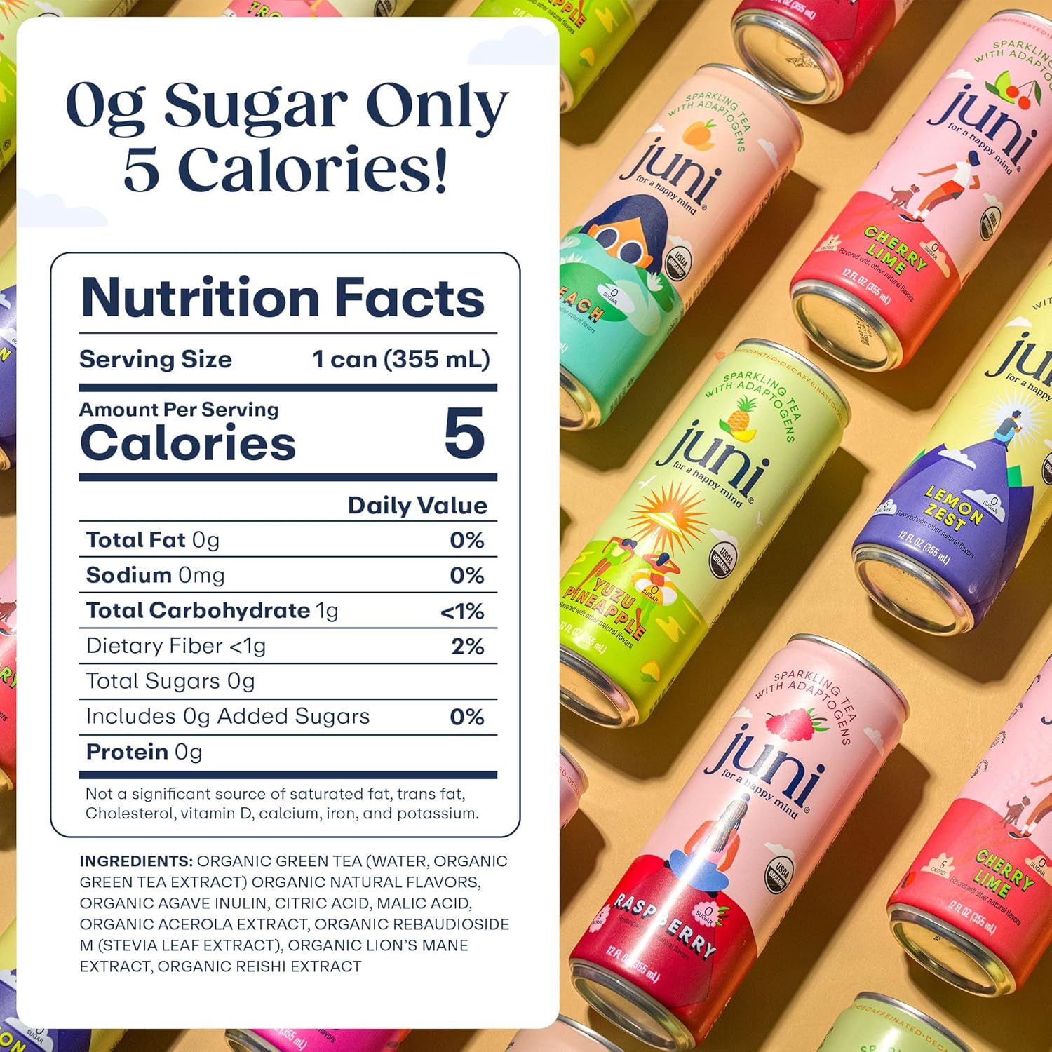 JUNI Sparkling Tea Lemon and Raspberry Bundle, Crafted with a 5-Super Blend of Adaptogens & Nootropics (24-pack)