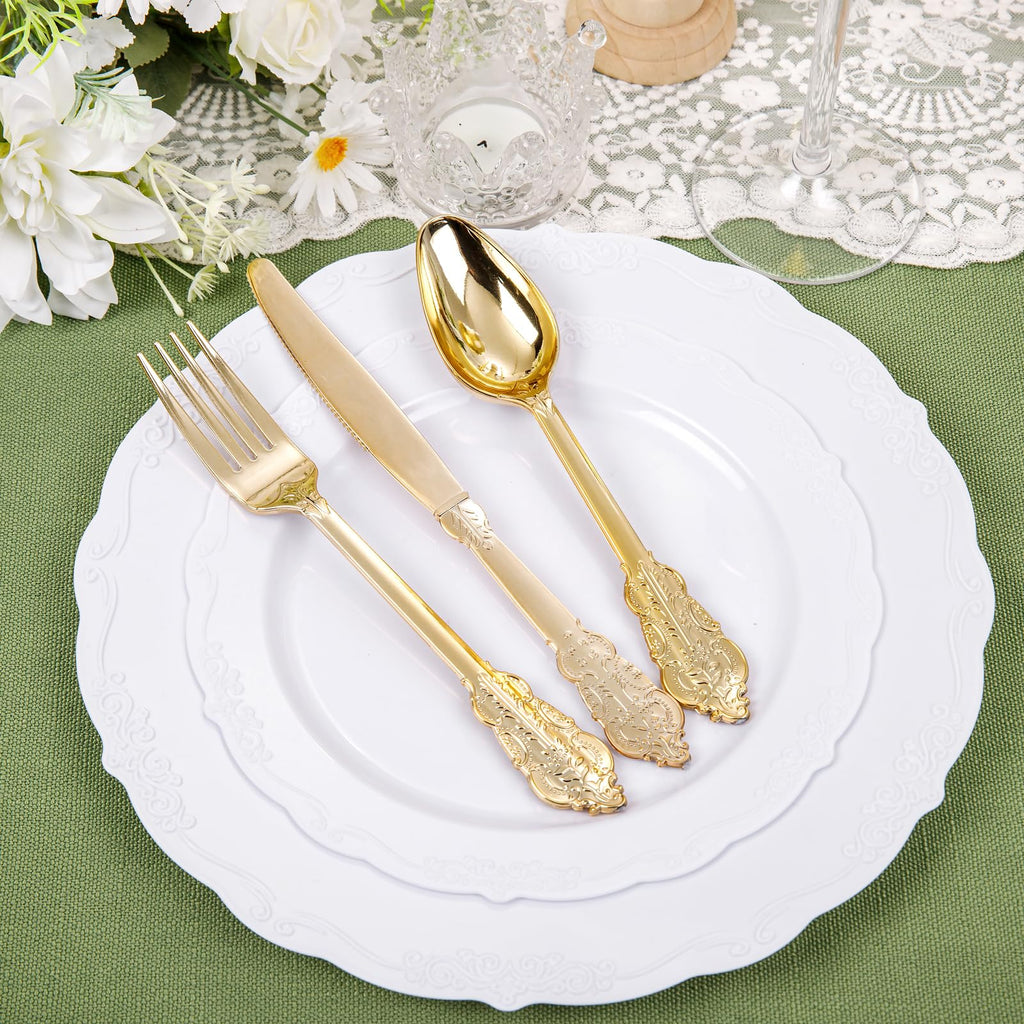 DaYammi 150Pcs Ivory Plastic Plates with Gold Rim,Disposable Plastic Plates Include 30 Dinner Plate,30 Salad Plate,30 Forks,30 Spoons,30 Knives,Ivory and Gold Plates for Party,Wedding,Mother's Day