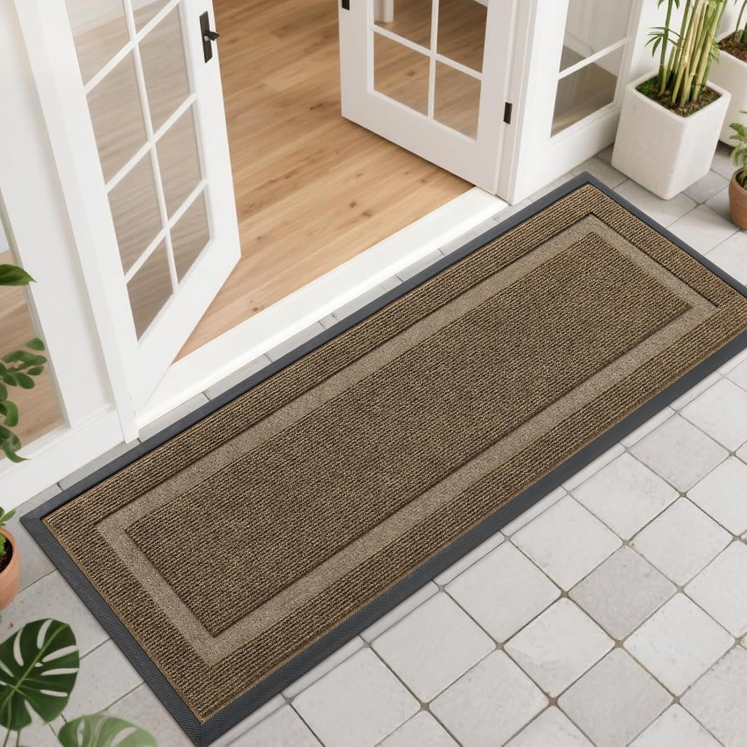 OLANLY Front Door Mat Indoor Outdoor Entrance, Waterproof All-Season, All-Weather Doormat, Sturdy Natural Rubber, Fade Resistant, Low Profile, Easy Clean Patio Porch Entryway Mat, 29.5x17, Beige