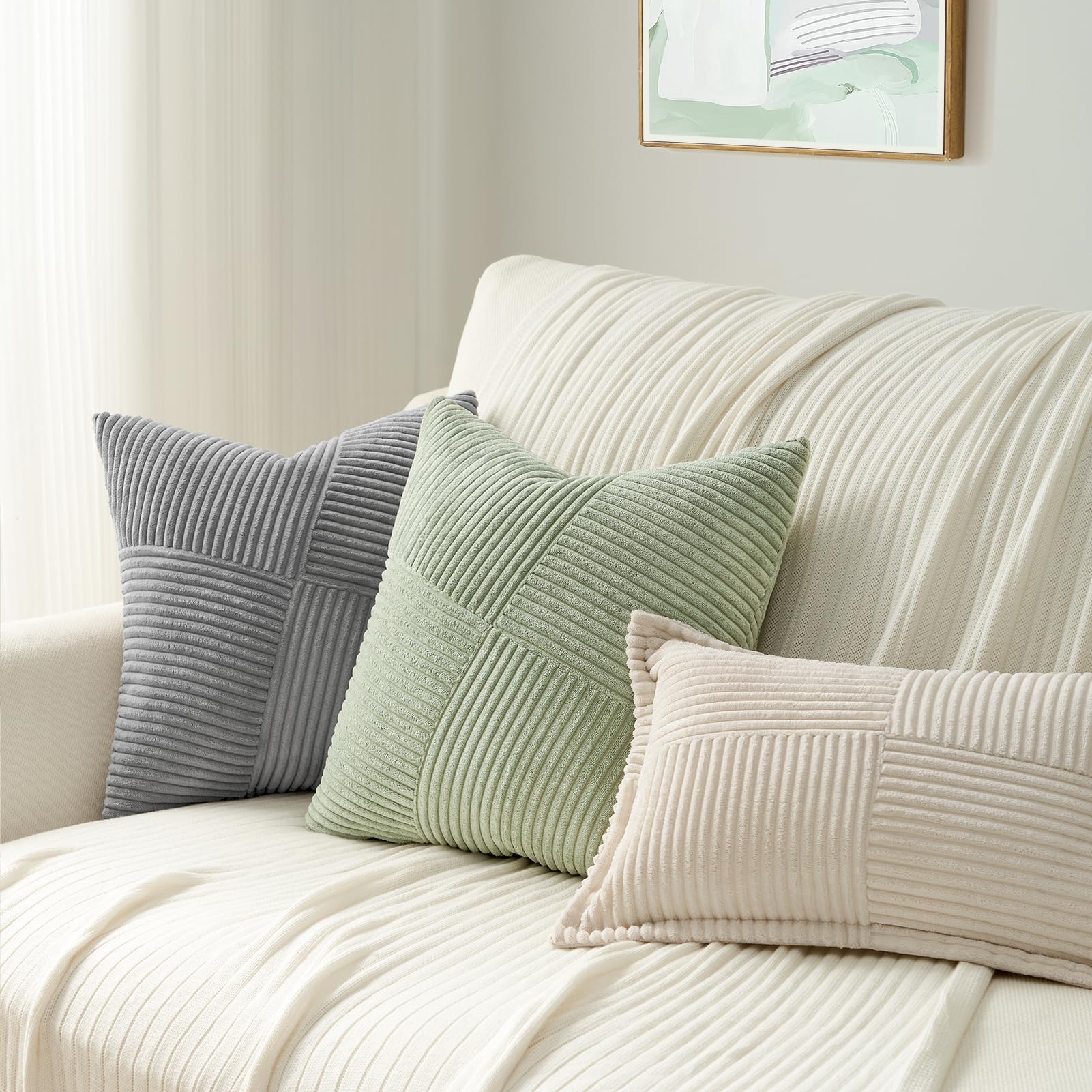 Topfinel Olive Green Decorative Throw Pillow Covers Set of 2 18x18 Inches for Couch Bed Sofa, Boho Aesthetic Home Decor, Soft Corduroy Striped Patchwork Windmill Textured Cushion Cases 45x45 cm