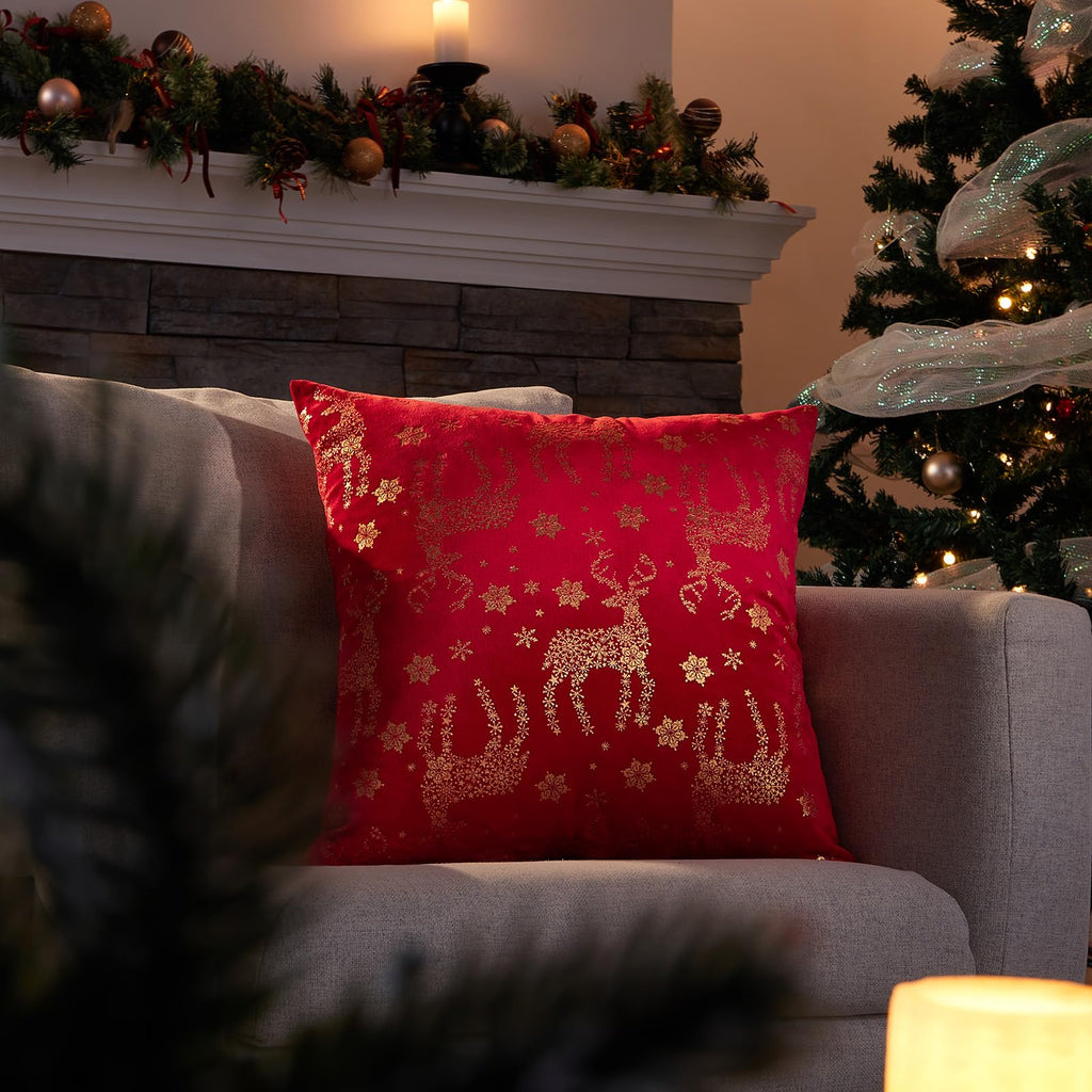 Topfinel Christmas Pillow Covers 18x18 Set of 2,Xmas Cream Velvet Snowflake Reindeer Decorative Pillow Case Winter Holiday Decor for Home Couch,White and Gold