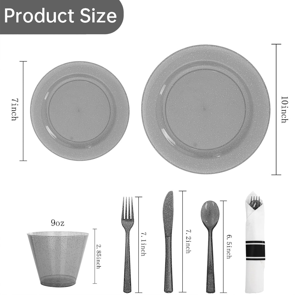 DaYammi 350PCS Gold Plastic Dinnerware Set for 50 Guests, Fancy Disposable Plates for Party, Include: 50 Dinner Plates, 50 Dessert Plates, 50 Pre Rolled Napkins with Gold Silverware, 50 Cups