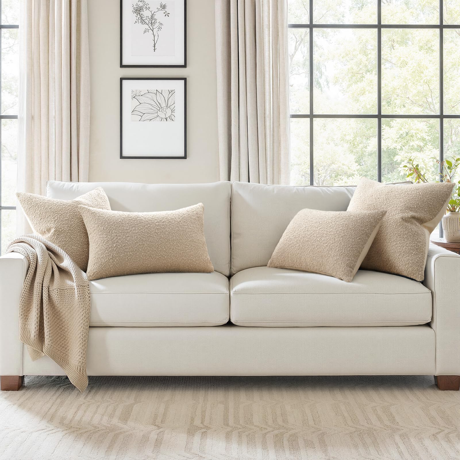 Topfinel Boucle Decorative Pillow Covers 18x18 Inches Set of 4 Neutral Cream Ivory White Pillowcase with Linen Cotton Back Chair Sofa Modern & Minimal Living Room Spring Home Decor