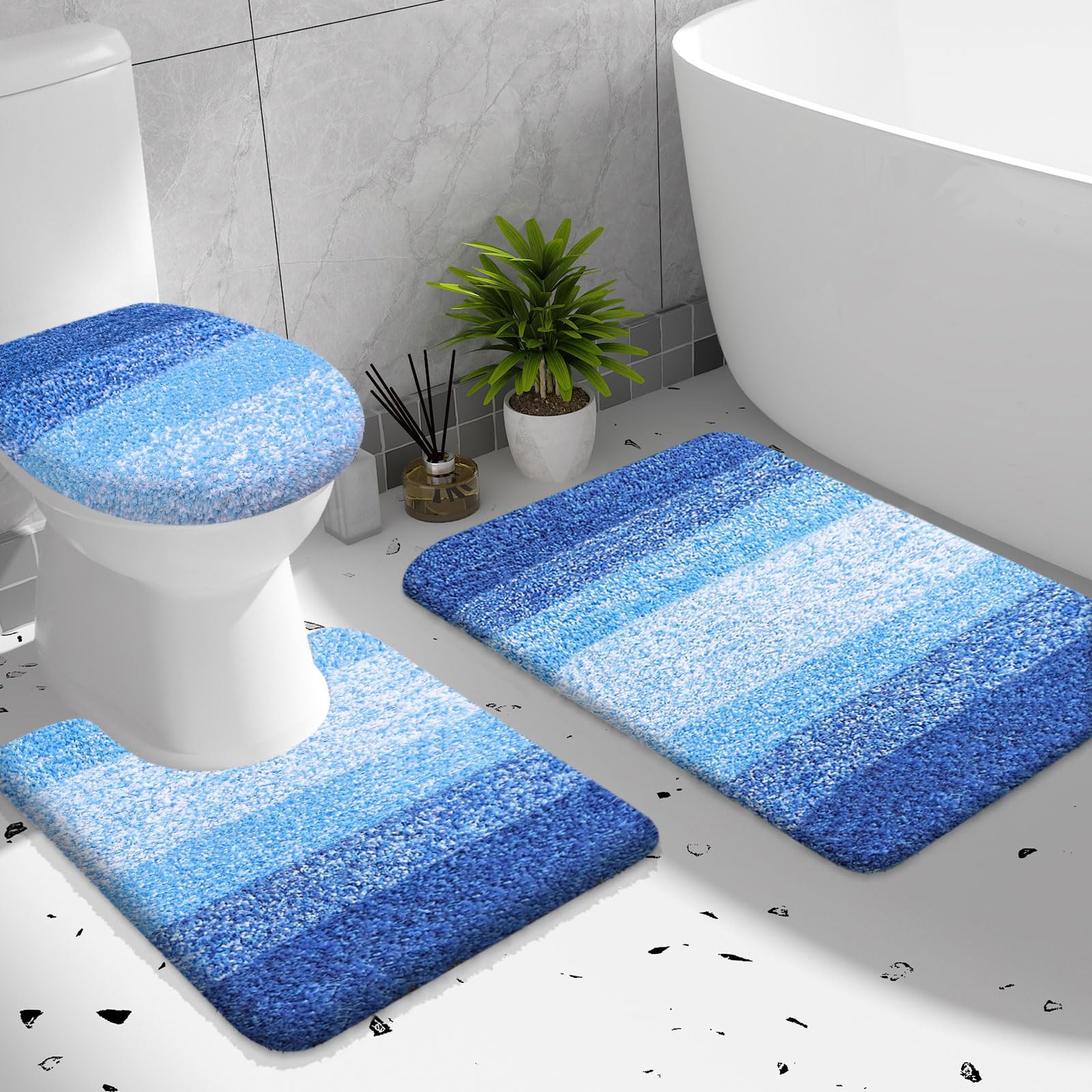 OLANLY Bathroom Rugs Sets 3 piece, Soft Microfiber Absorbent Bath Mat, U-Shaped Contour Toilet Mat and Toilet Lid Cover, Quick Dry, Machine Washable, Toilet Cover and Rug Set for Bathroom, Grey