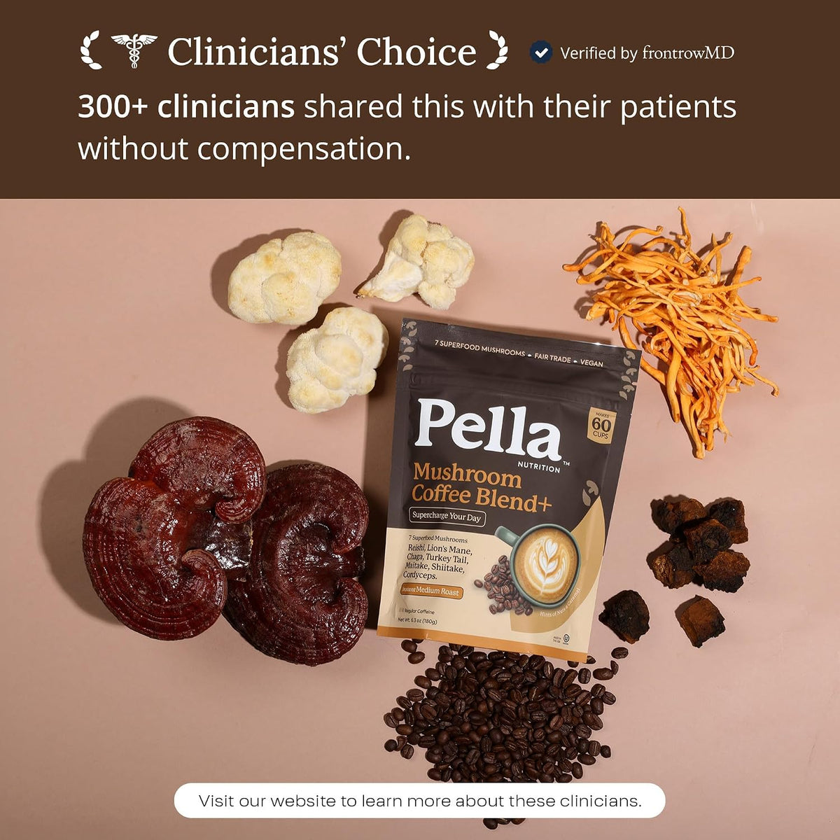 Pella Nutrition Instant Mushroom Coffee Powder - Regular Caffeine, 60 Cups